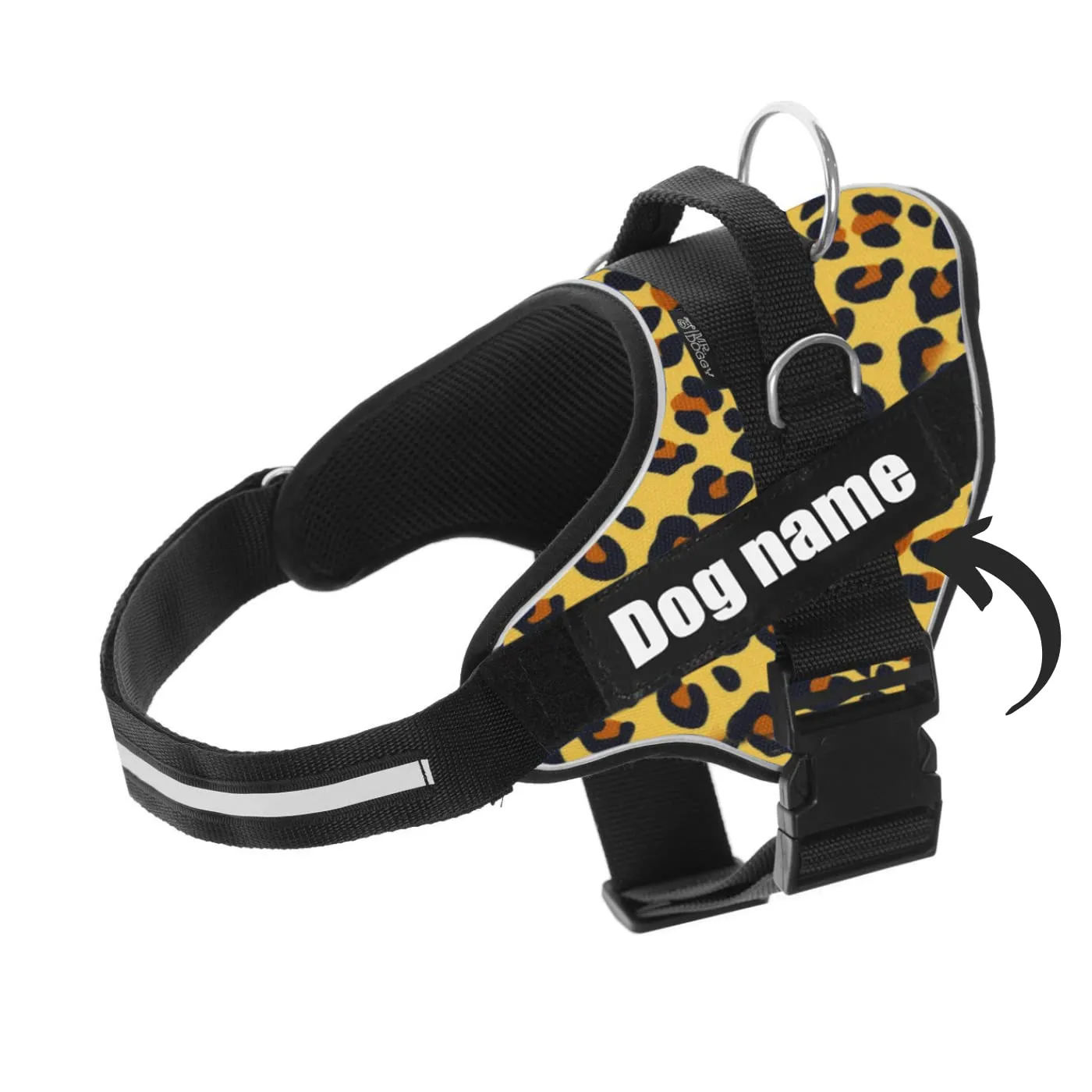 SUPER DOGGY Pettorina Cane Personalizzata con Nome – Antitrazione, Riflettente e Regolabile – Include 2 Targhette Velcro - Taglia Piccola, Media e Grande (L 21-32KG, Leopard) - immagine 1