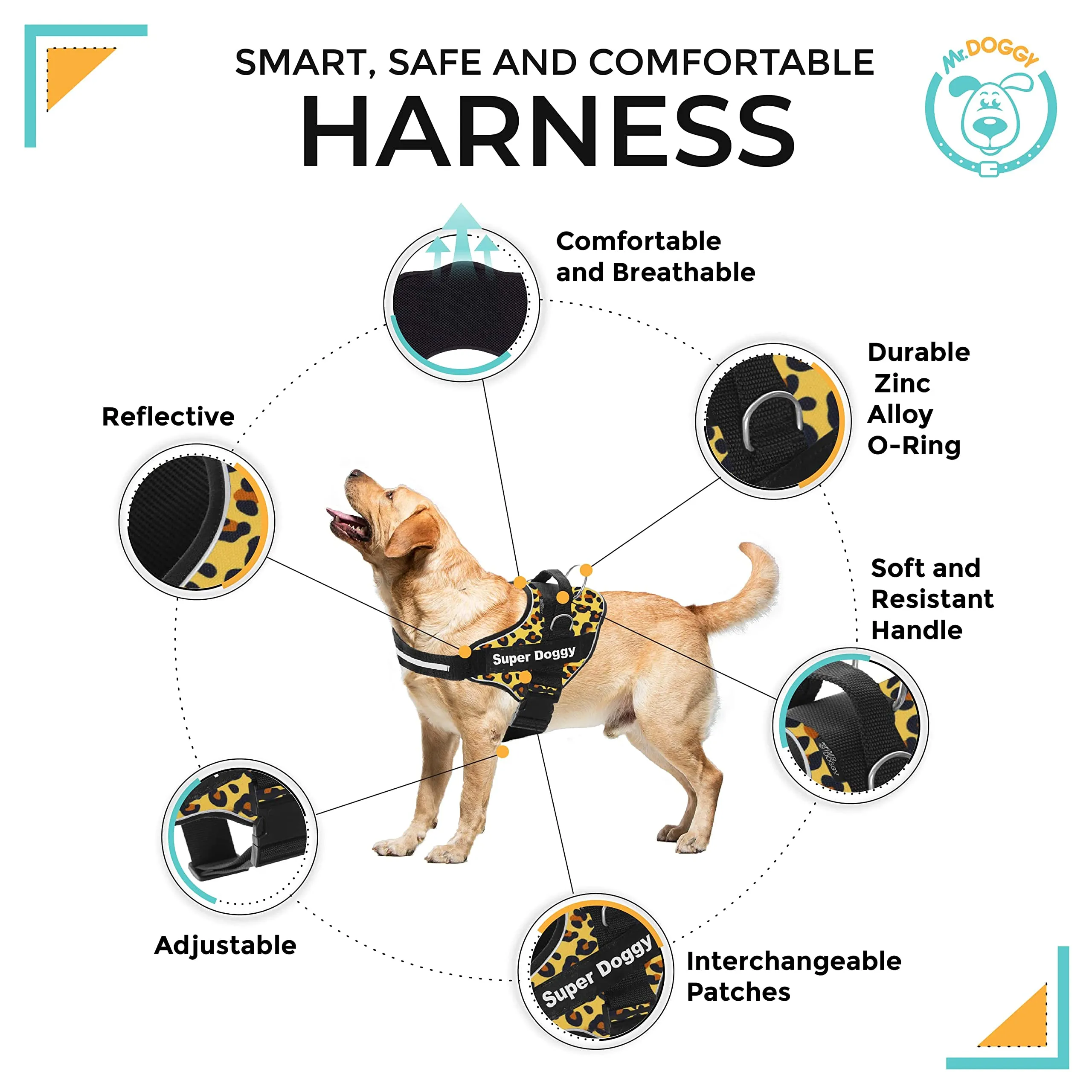 SUPER DOGGY Pettorina Cane Personalizzata con Nome – Antitrazione, Riflettente e Regolabile – Include 2 Targhette Velcro - Taglia Piccola, Media e Grande (L 21-32KG, Leopard) - immagine 2