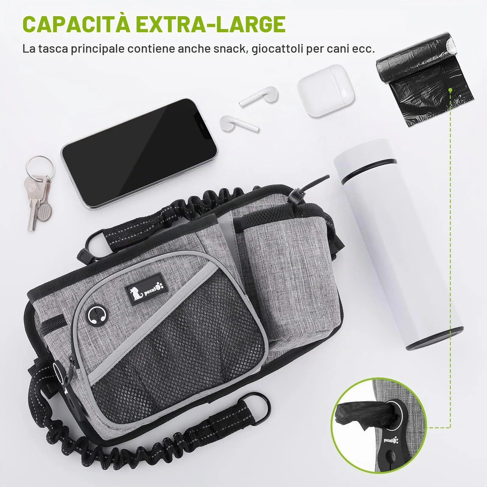 Pecute Guinzaglio da Corsa per Cani a Mani Libere con Ampia Cintura di Supporto per la Schiena, Cintura da Passeggio per Cani Regolabile con Tasche Multiple - immagine 7