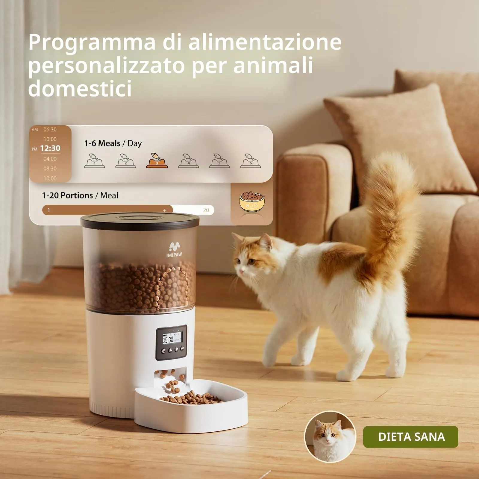 IMIPAW Mangiatoia automatica per gatti, 3 l, dispenser di cibo secco per gatti con design senza intasamento, alimentatore automatico per animali domestici per cani e gatti, 1-4 pasti al giorno - immagine 2