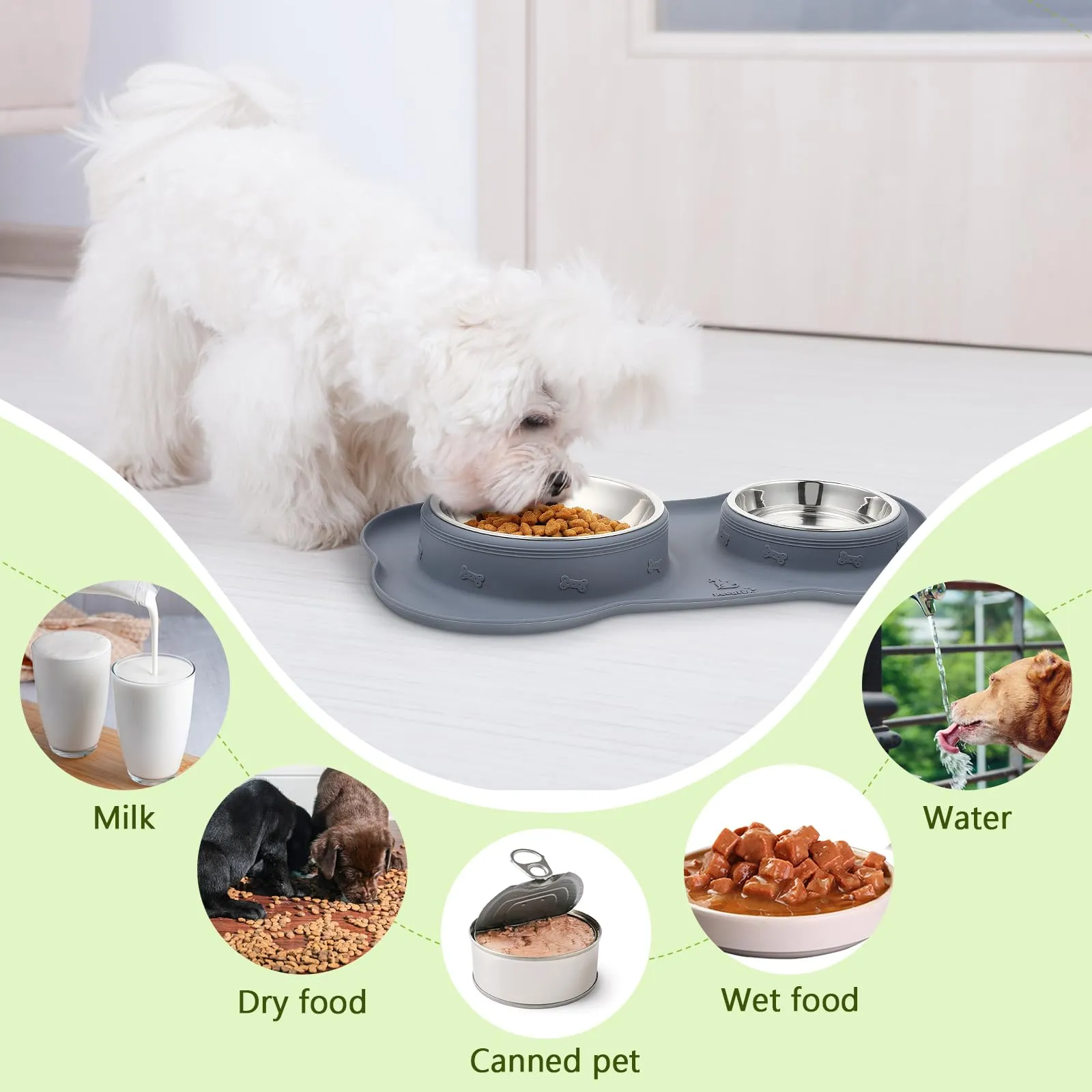 Pecute Ciotola per Gatti 3 in 1, Ciotola per Cani, Doppia Ciotole in Acciaio Inossidabile + 1 Tappetino Sottociotola, Antiribaltamento, Antitrabocco e Antiscivolo, S, Grigio - immagine 6