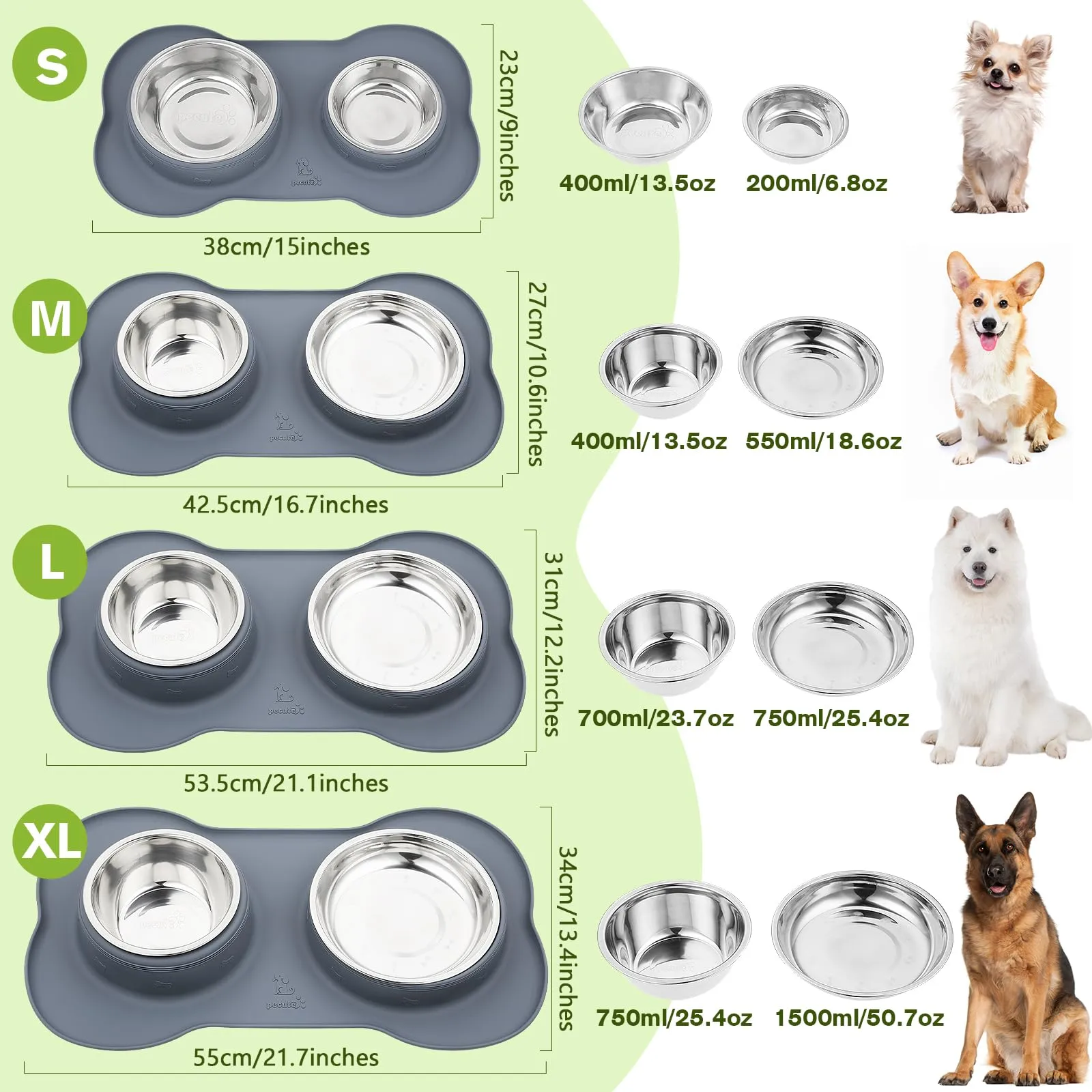Pecute Ciotola per Gatti 3 in 1, Ciotola per Cani, Doppia Ciotole in Acciaio Inossidabile + 1 Tappetino Sottociotola, Antiribaltamento, Antitrabocco e Antiscivolo, S, Grigio - immagine 7