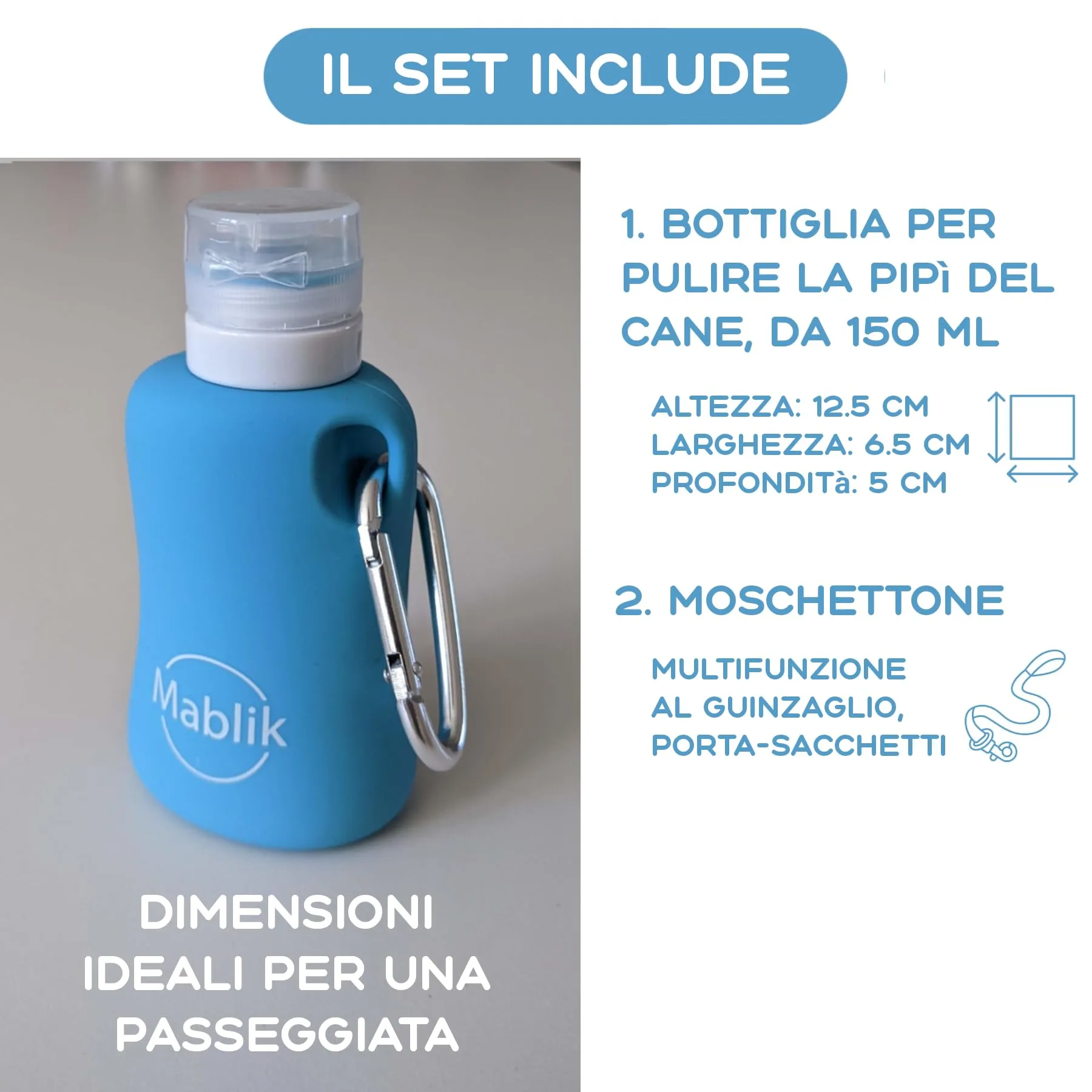 Bottiglia per Pipì Cane in Silicone 150 ml, Azzurro Chiaro. Bottiglia per Pulire la Pipì del Cane in Strada, Flessibile e Portatile, Antigoccia, con Getto a Pressione e Moschettone (Azzurro 150 ml) - immagine 2