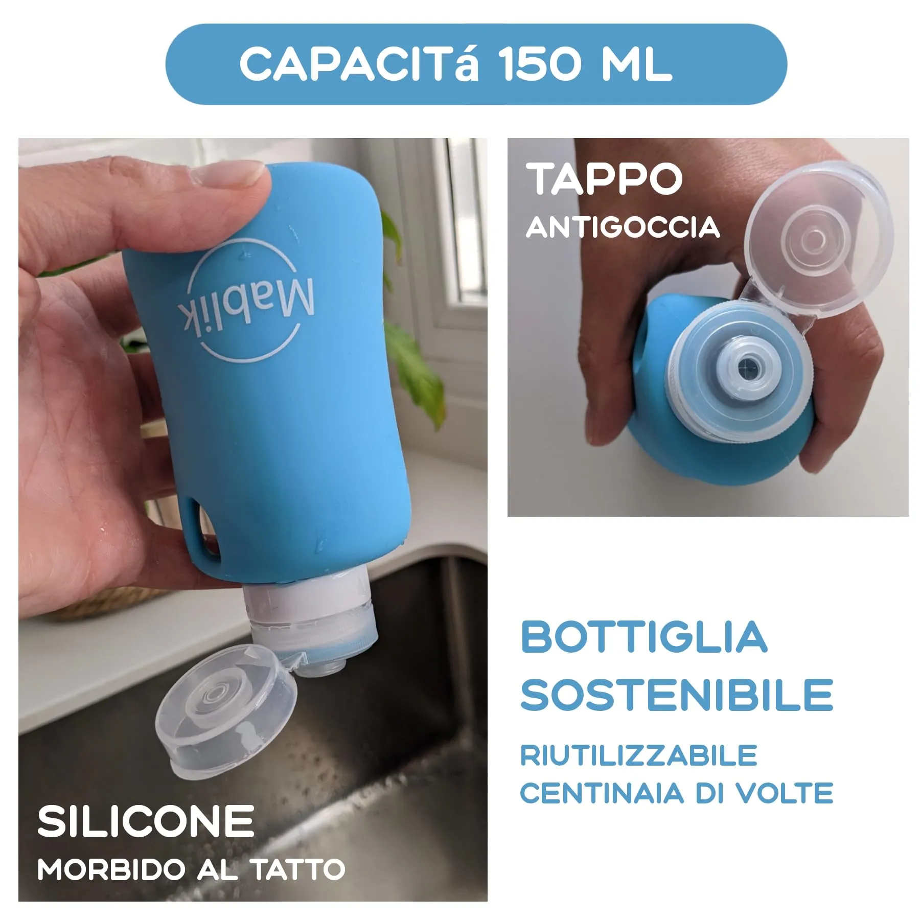 Bottiglia per Pipì Cane in Silicone 150 ml, Azzurro Chiaro. Bottiglia per Pulire la Pipì del Cane in Strada, Flessibile e Portatile, Antigoccia, con Getto a Pressione e Moschettone (Azzurro 150 ml) - immagine 6