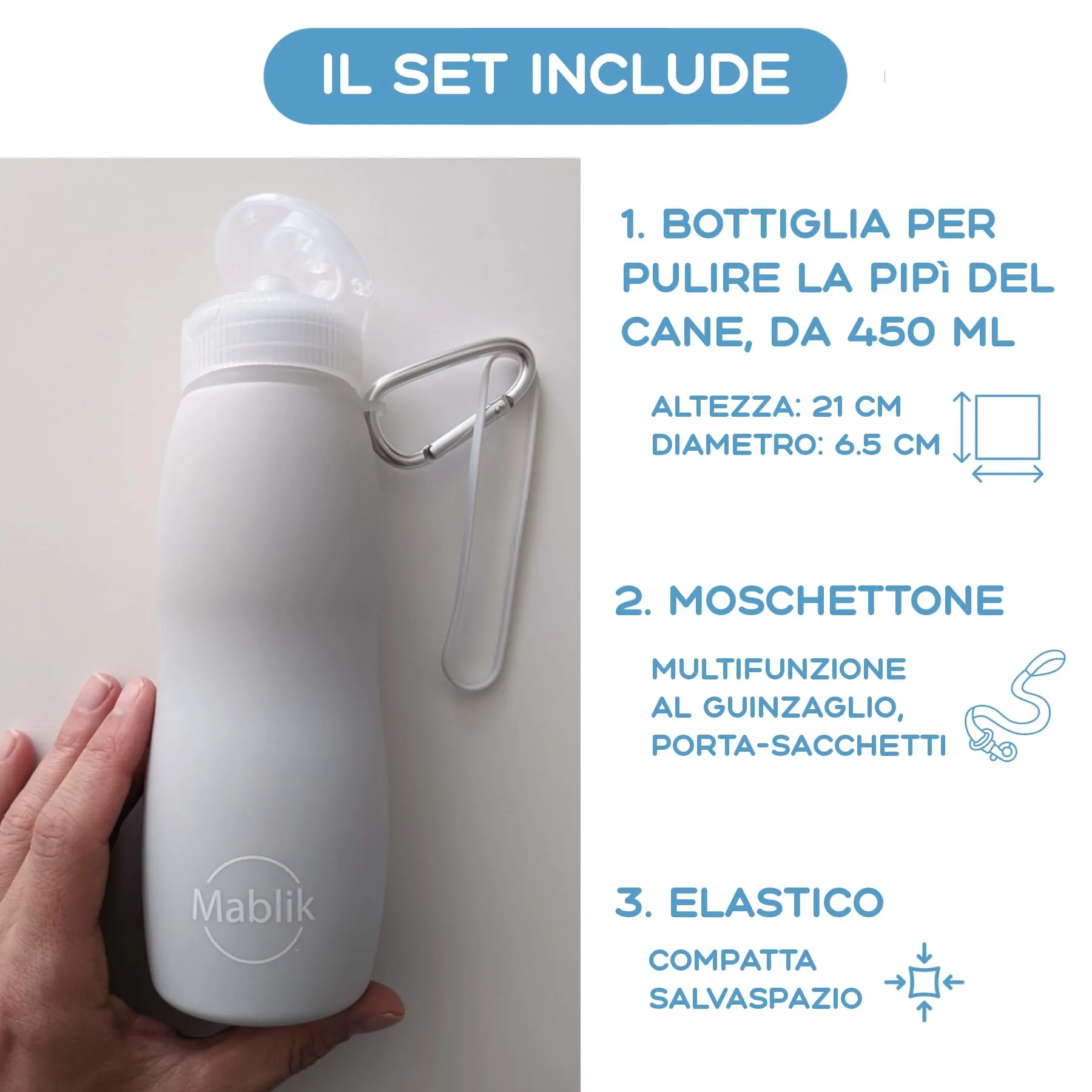 Mablik® Bottiglia Pipi Cani Silicone 450 ml, Colore Grigio Chiaro. Bottiglia per cani Strada, pieghevole e portatile, antigoccia, resistente, getto a pressione con moschettone e elastico. (Grigio 450) - immagine 2