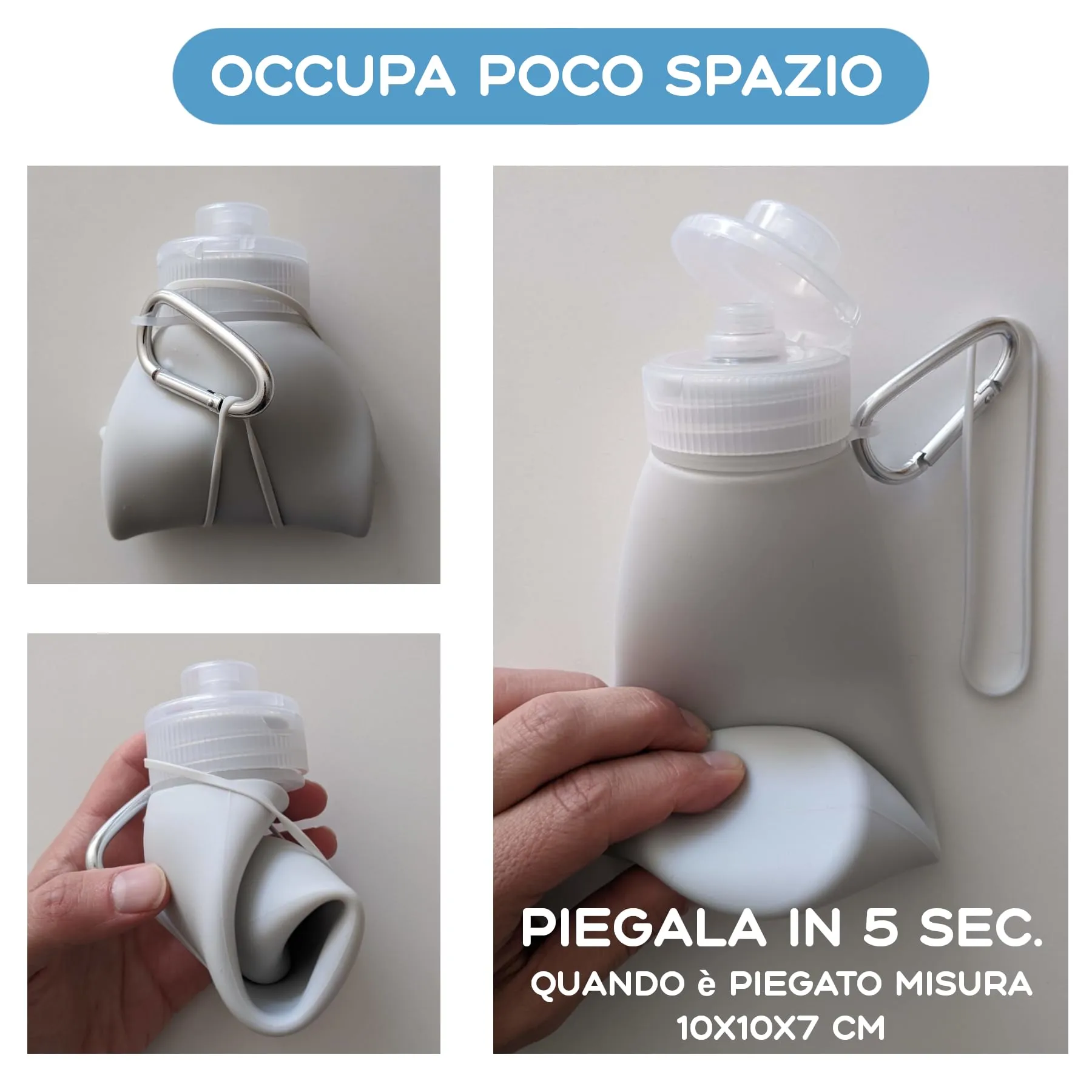 Mablik® Bottiglia Pipi Cani Silicone 450 ml, Colore Grigio Chiaro. Bottiglia per cani Strada, pieghevole e portatile, antigoccia, resistente, getto a pressione con moschettone e elastico. (Grigio 450) - immagine 5