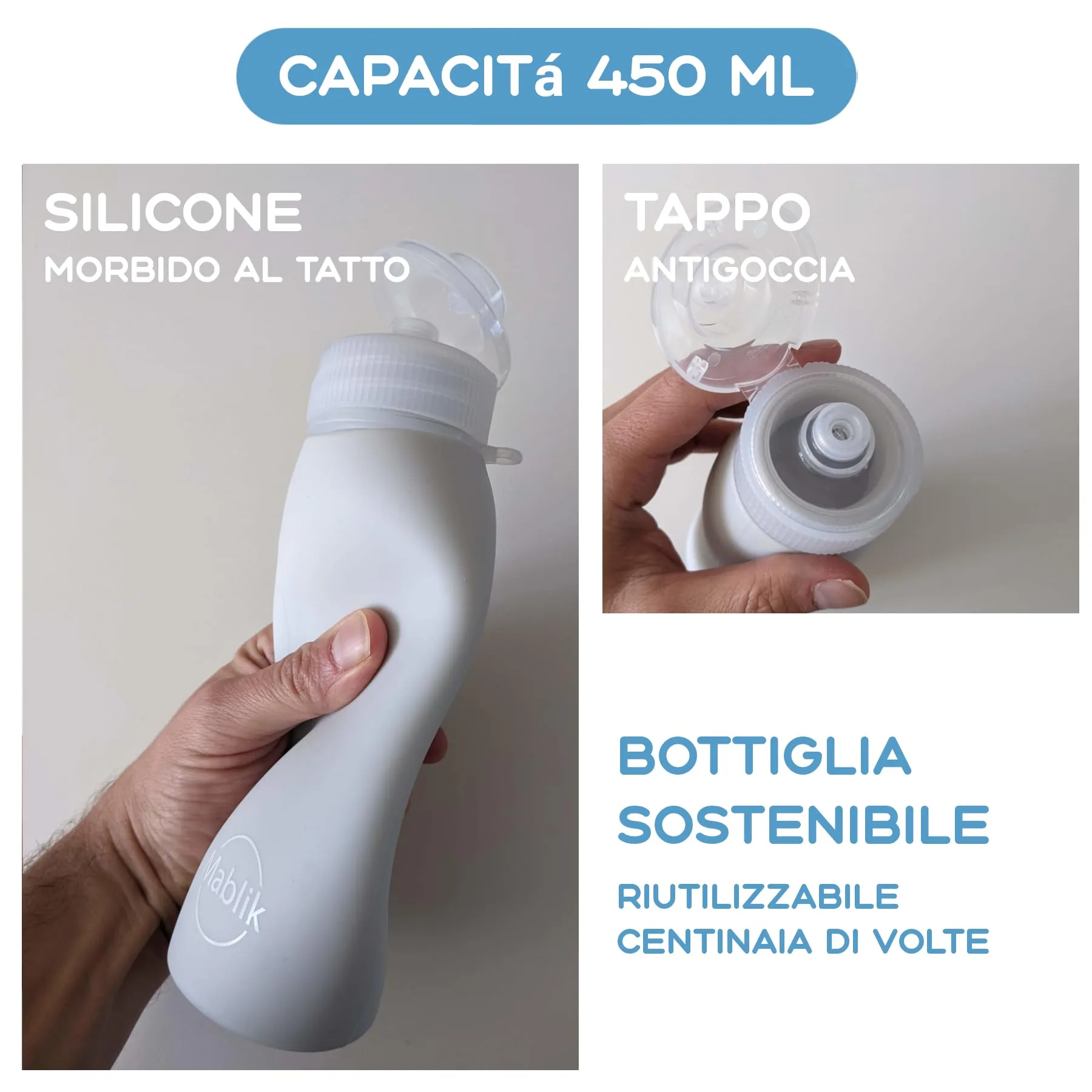 Mablik® Bottiglia Pipi Cani Silicone 450 ml, Colore Grigio Chiaro. Bottiglia per cani Strada, pieghevole e portatile, antigoccia, resistente, getto a pressione con moschettone e elastico. (Grigio 450) - immagine 6