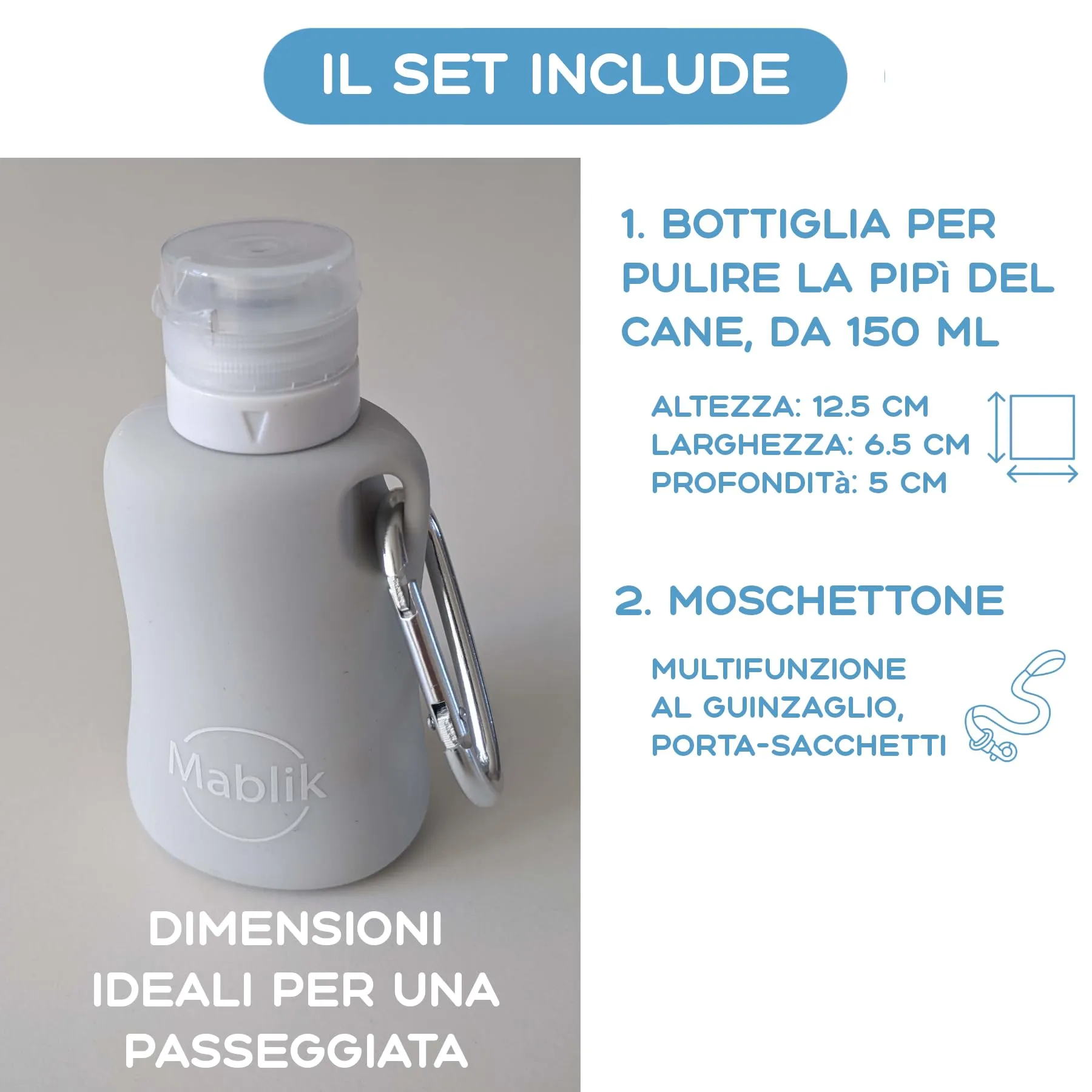 Bottiglia per Pipì Cane in Silicone 150 ml, Grigio Chiaro. Bottiglia per Pulire la Pipì del Cane in Strada, Flessibile e Portatile, Antigoccia, con Getto a Pressione e Moschettone (Grigio 150 ml) - immagine 2