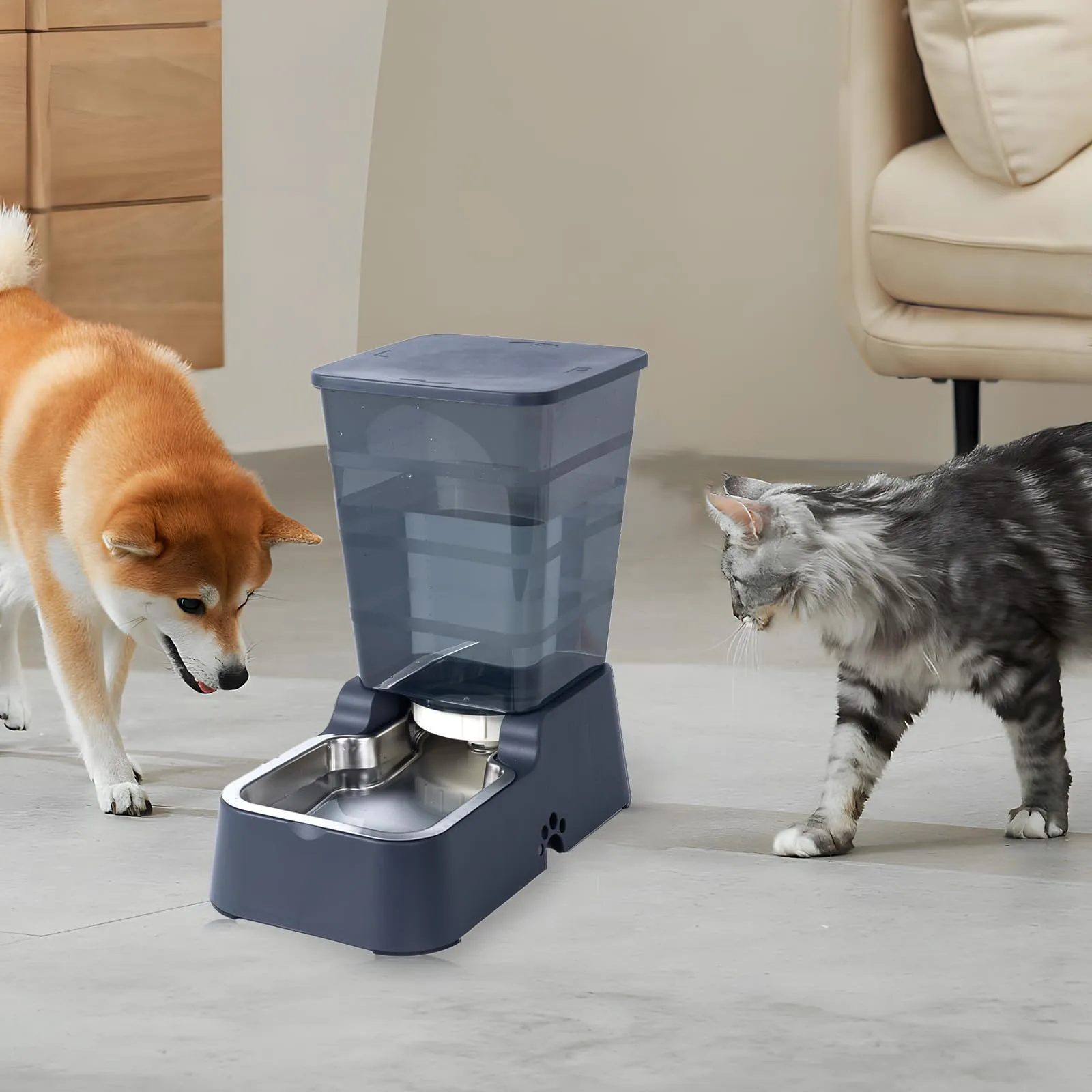5L Automatico a Gravità Distributore di Acqua per Cani e Gatti, con Ciotola in acciaio Inossidabile, Adatto per Cani Gatti Domestici (Distributore di acqua 5 L grigio scuro) - immagine 6