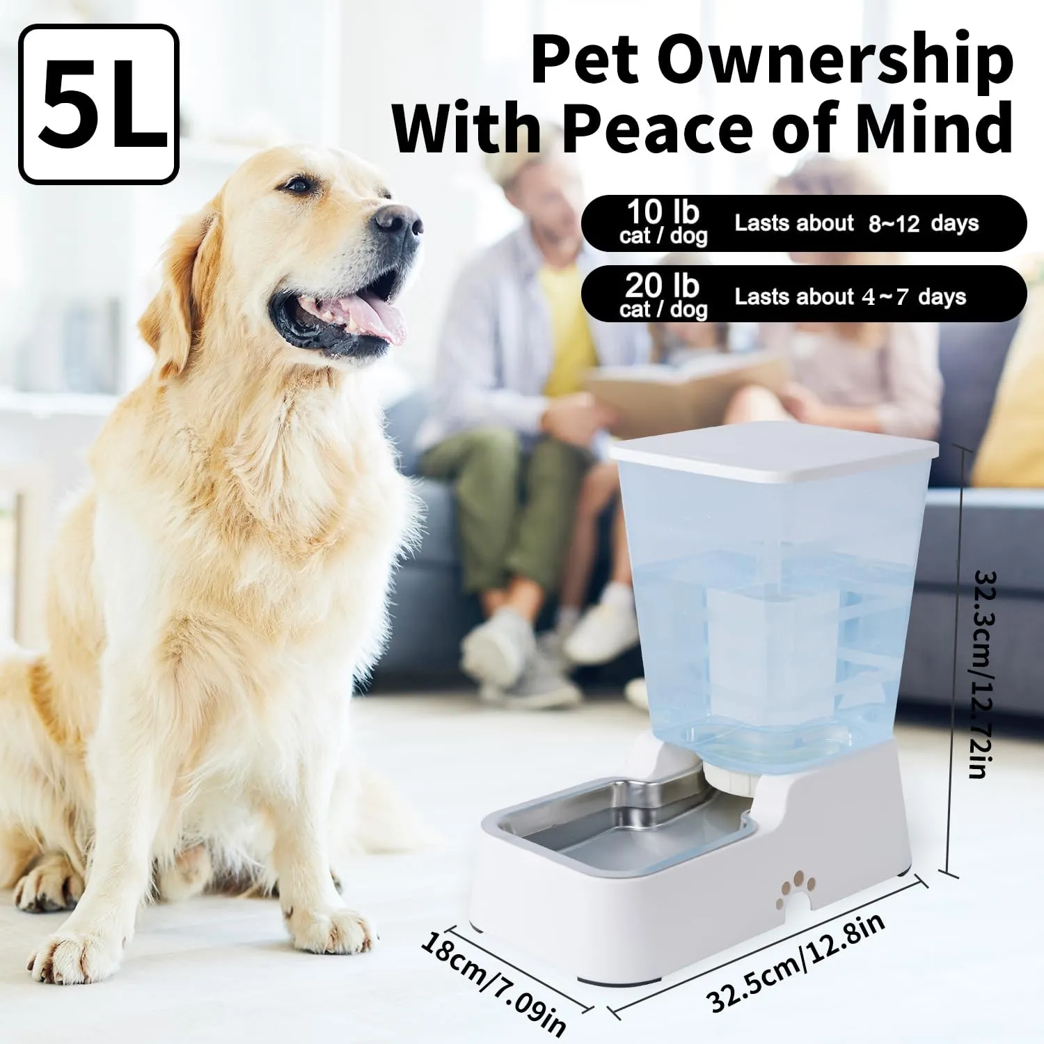 5L Automatico a Gravità Distributore di Acqua per Cani e Gatti, con Ciotola in acciaio Inossidabile, Adatto per Cani Gatti Domestici (Distributore di acqua 5 L Bianco) - immagine 2
