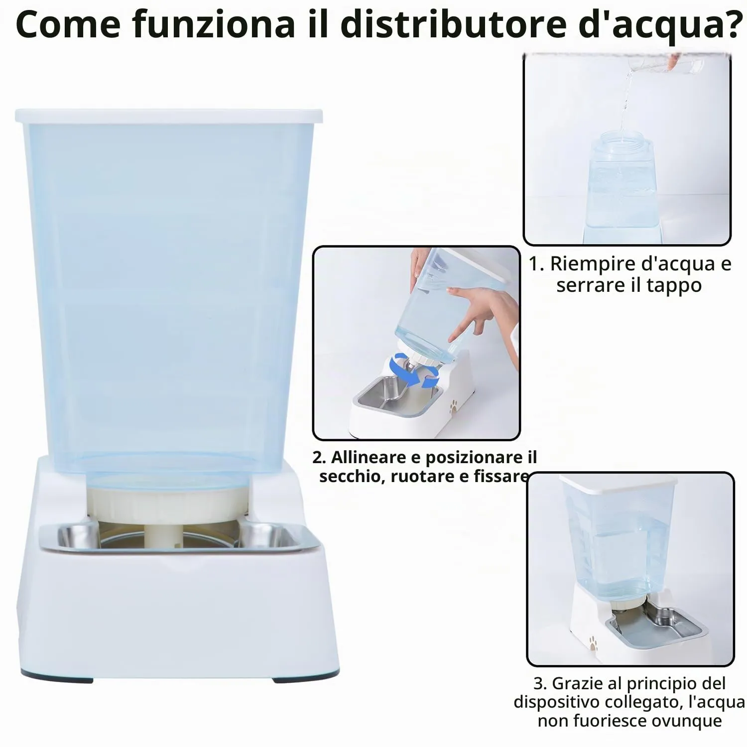 5L Automatico a Gravità Distributore di Acqua per Cani e Gatti, con Ciotola in acciaio Inossidabile, Adatto per Cani Gatti Domestici (Distributore di acqua 5 L Bianco) - immagine 5