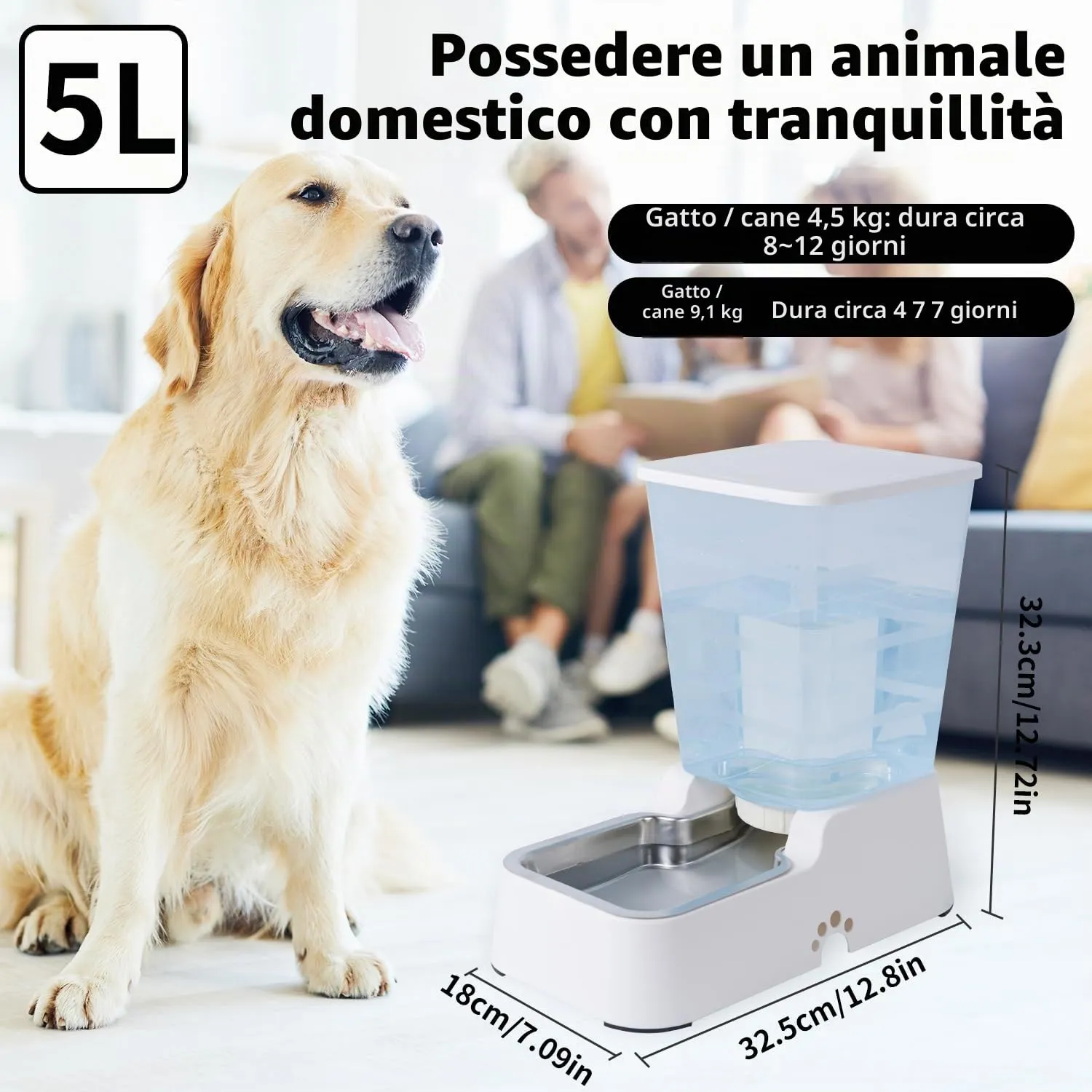 5 L Distributore Automatico di cibo e Acqua a Gravità per Gatti e Cani, Con Ciotola in Acciaio Inossidabile Senza BPA, Distributore di Cibo x 1 + Distributore di Acqua x 1 (Set Bianco da 5 L) - immagine 2