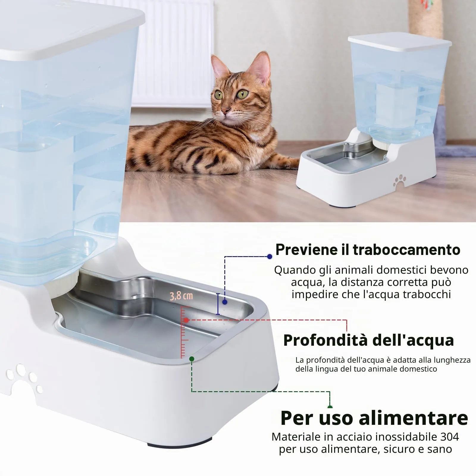 5 L Distributore Automatico di cibo e Acqua a Gravità per Gatti e Cani, Con Ciotola in Acciaio Inossidabile Senza BPA, Distributore di Cibo x 1 + Distributore di Acqua x 1 (Set Bianco da 5 L) - immagine 4