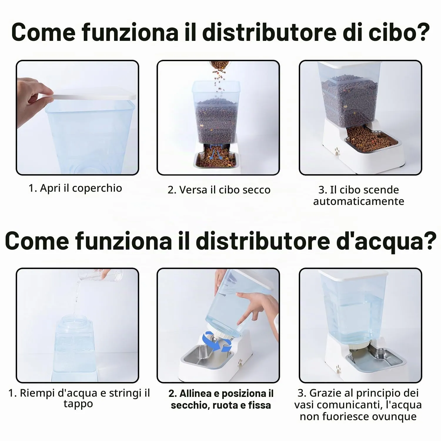 5 L Distributore Automatico di cibo e Acqua a Gravità per Gatti e Cani, Con Ciotola in Acciaio Inossidabile Senza BPA, Distributore di Cibo x 1 + Distributore di Acqua x 1 (Set Bianco da 5 L) - immagine 5