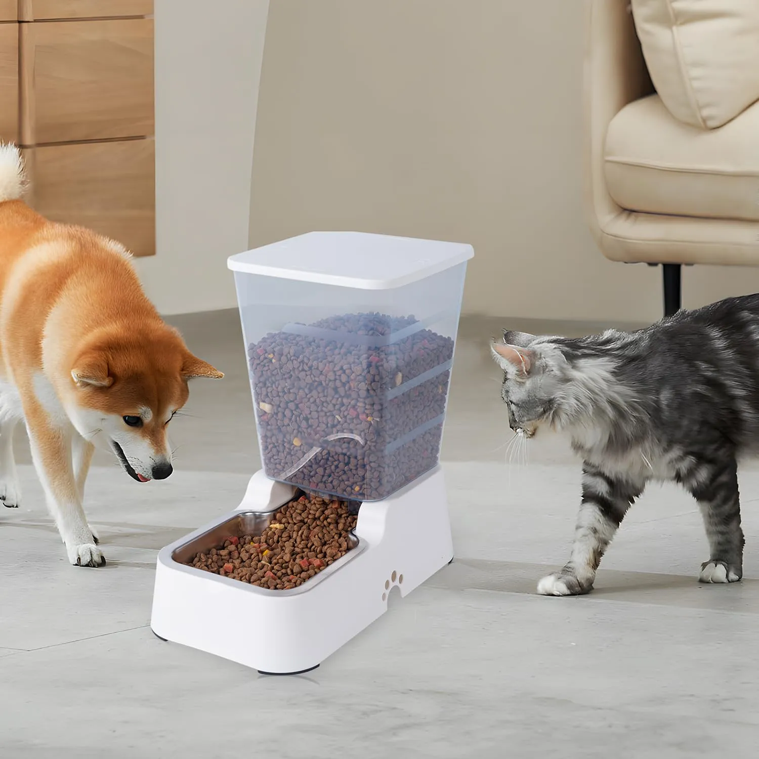 5 L Distributore Automatico di cibo e Acqua a Gravità per Gatti e Cani, Con Ciotola in Acciaio Inossidabile Senza BPA, Distributore di Cibo x 1 + Distributore di Acqua x 1 (Set Bianco da 5 L) - immagine 6