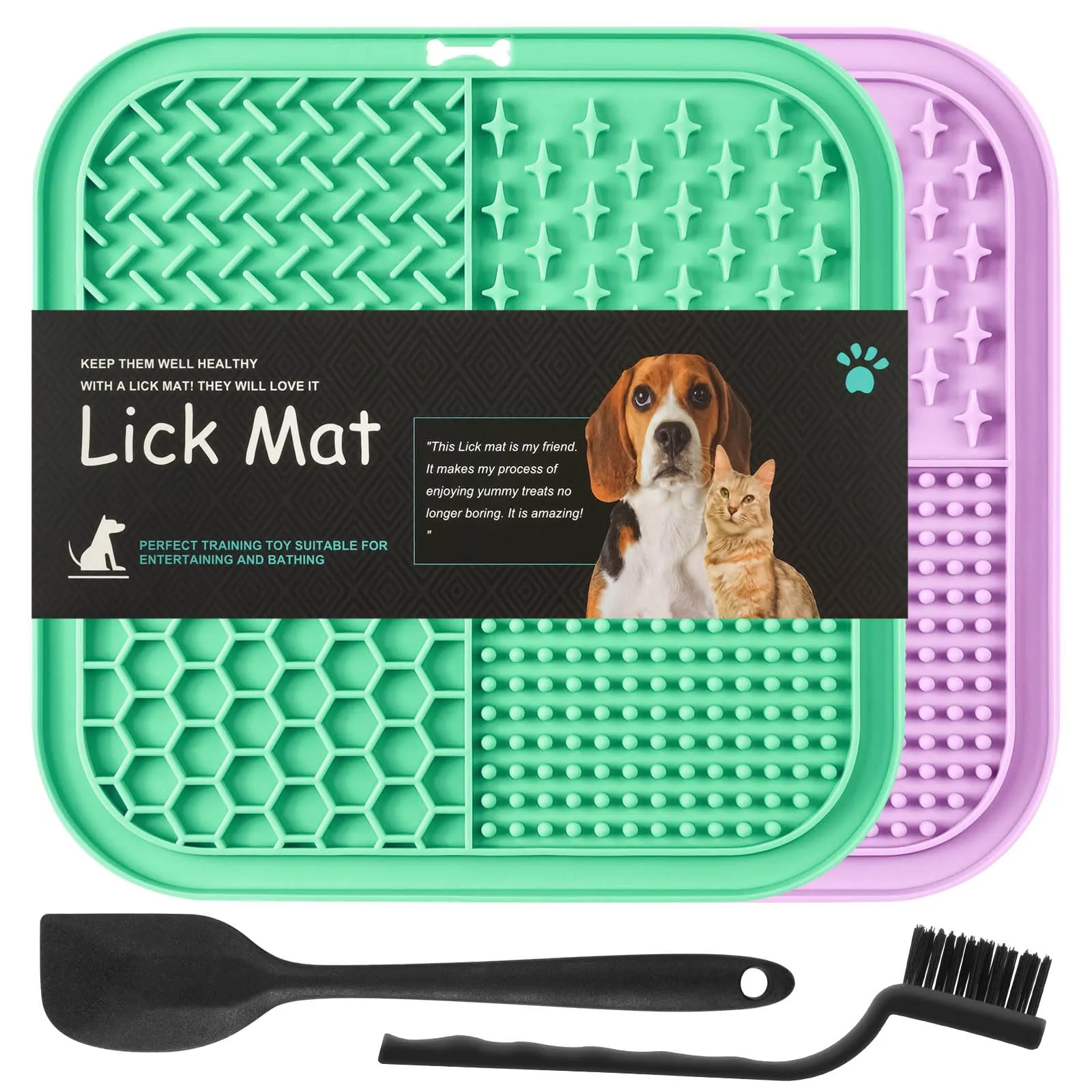 HOTUT Tappetino da Leccare per Cani e Gatti,2 Pezzi Cane Pad Leccare con Spatola e Spazzola,Senza BPA Lick Mat per Cani con Ventosa per Bagno Toelettatura,Alleviare L'ansia - immagine 1