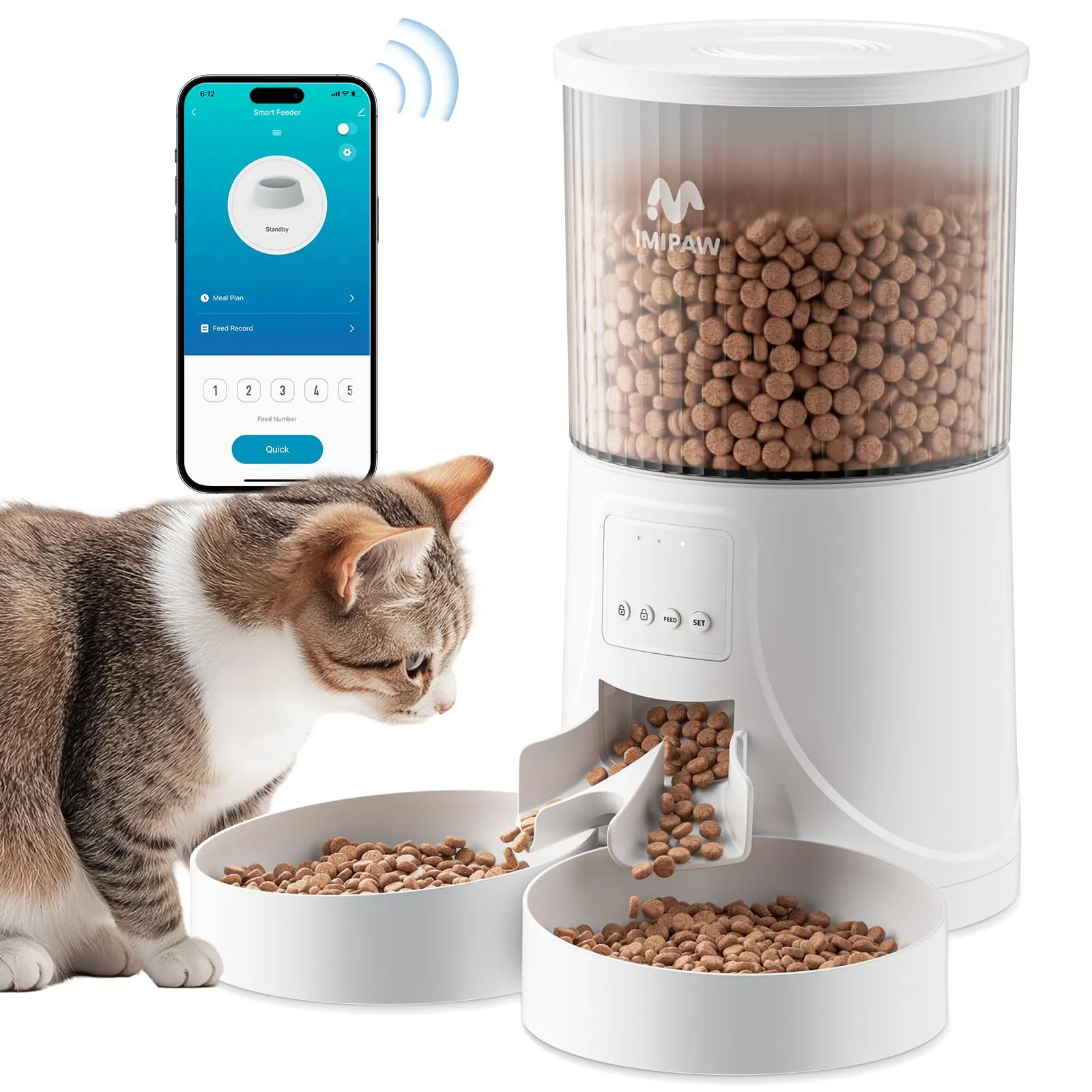 IMIPAW Distributore Automatico Cibo Gatti con 2 Ciotole, Controllato da APP - immagine 1