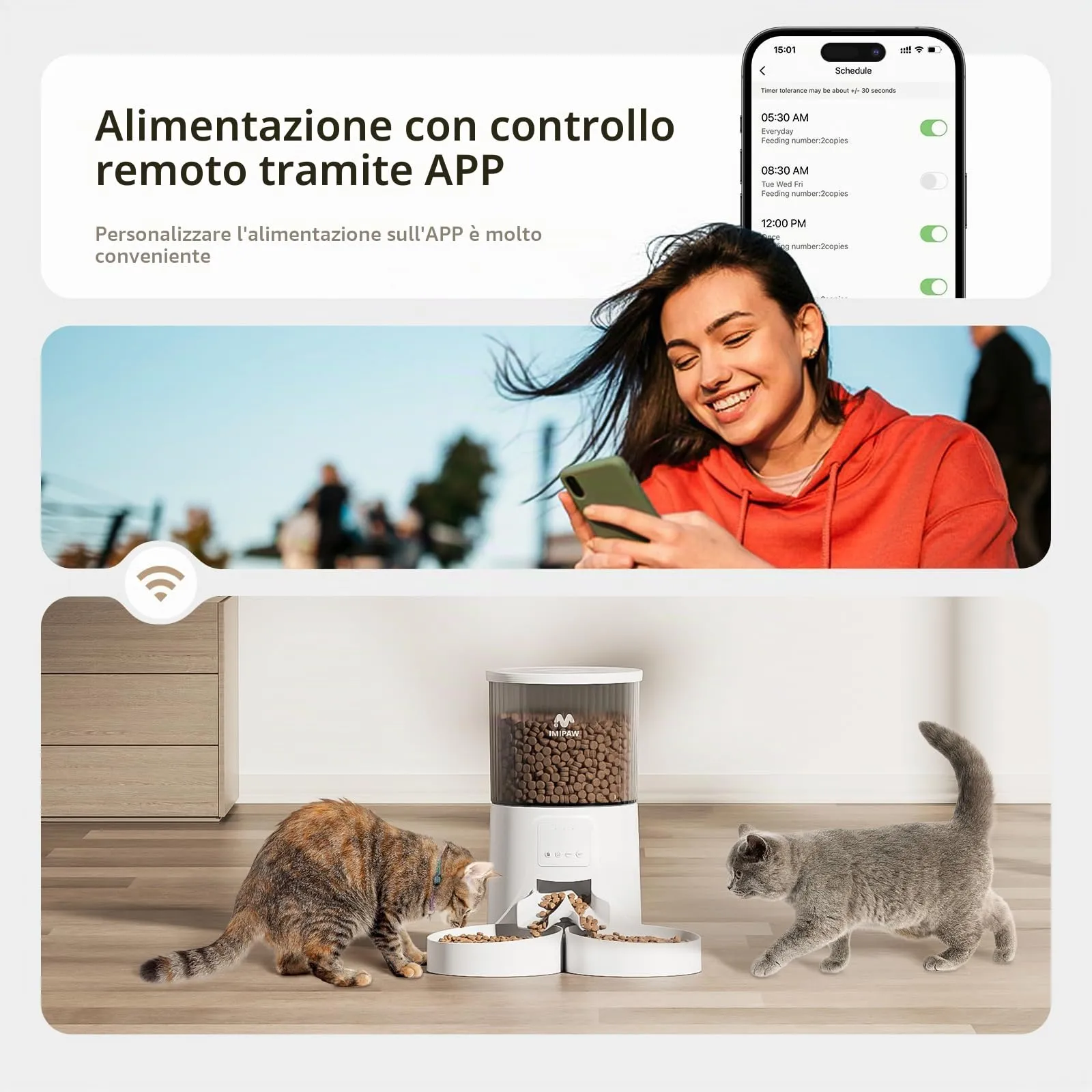 IMIPAW Distributore Automatico Cibo Gatti con 2 Ciotole, Controllato da APP - immagine 3