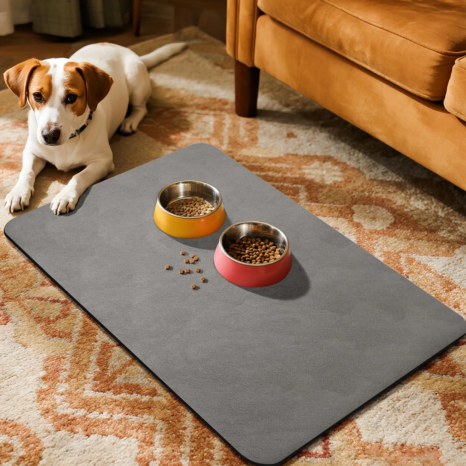Tappetino Ciotola Cane,Super Assorbenti Tappetino Sottociotola Per Cani,Facile da Pulire Antiscivolo Tappetino Ciotole Gatto (Grigio, 60x90cm) - immagine 7