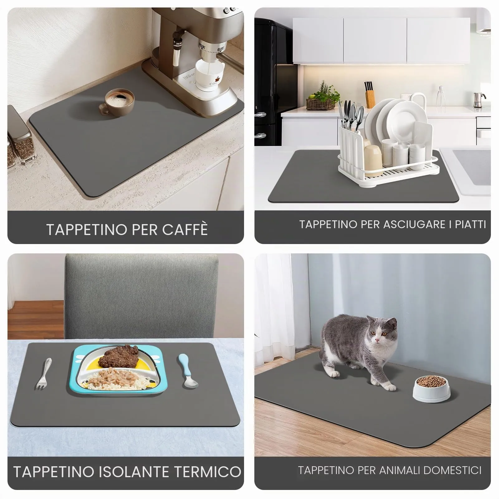 Tappetino Ciotola Cane,Super Assorbenti Tappetino Sottociotola Per Cani,Facile da Pulire Antiscivolo Tappetino Ciotole Gatto (Grigio scuro, 43x80cm) - immagine 6