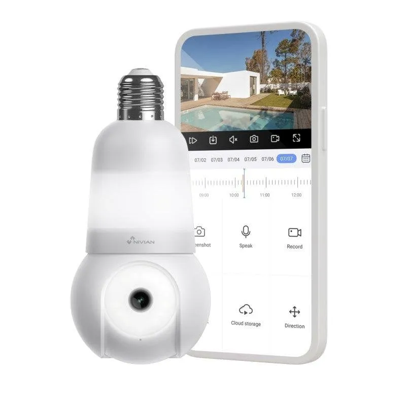 Videocamere di sorveglianza Nivian Bombilla 2K Visione Notturna Interno ed Esterno Controllo Vocale Audio Bidirezionale - immagine 1