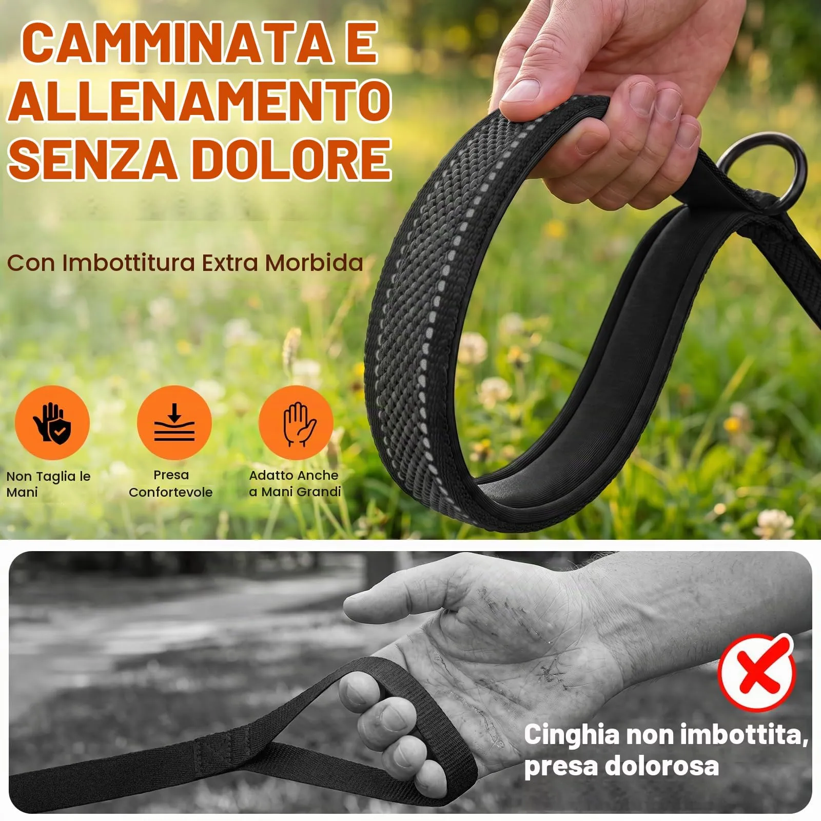 X XBEN Guinzaglio per Cani, 25MM-1,5M Guinzaglio Riflettente Resistente con Manico Imbottito, Guinzaglio Addestramento per per Medi e Grandi, Con Fili di Gomma Morbida, Nero - immagine 3