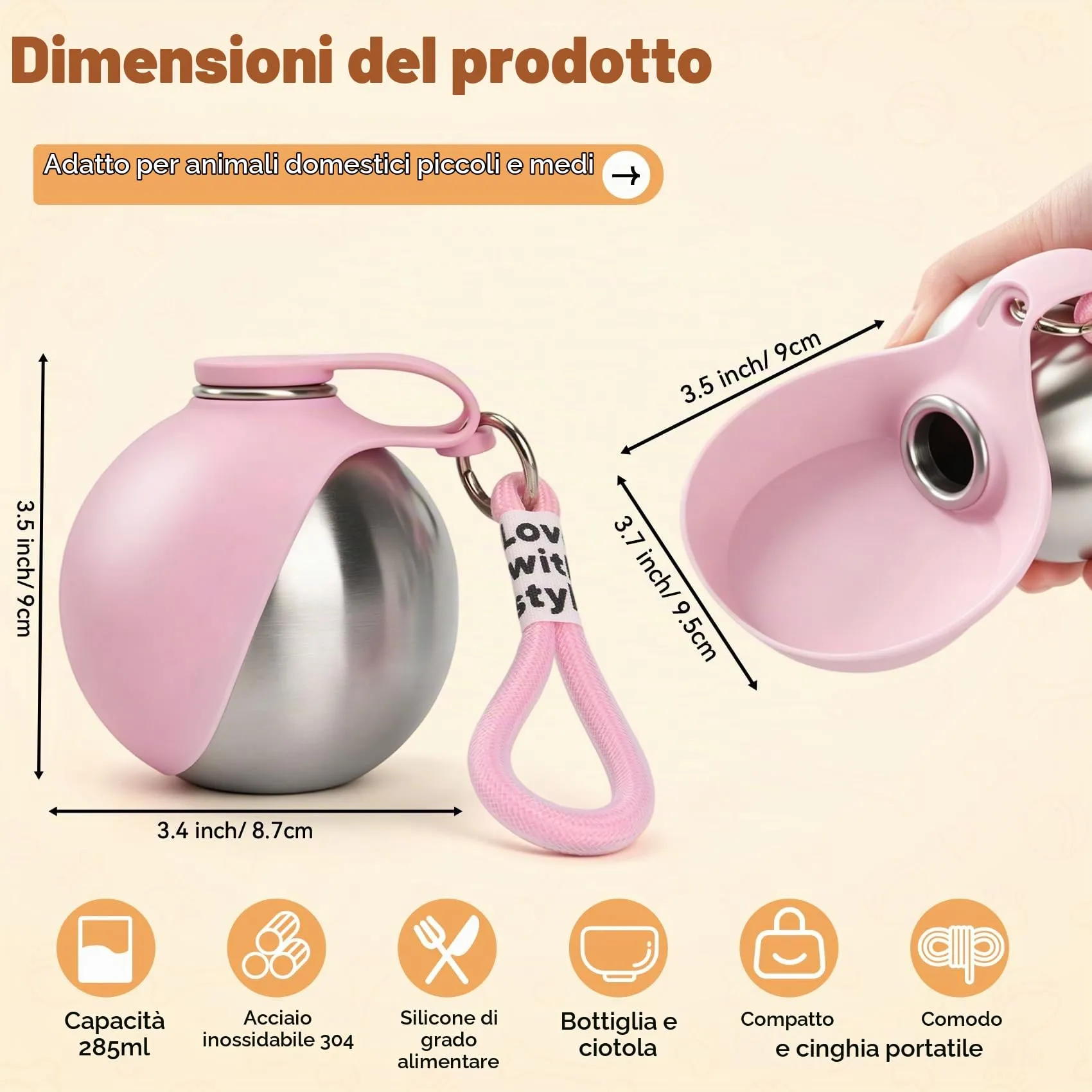 LTFIOON Borraccia per Cani Portatile, 285ml Bottiglia in Acciaio Inox per Cani, Borraccia Anti-perdite con Ciotola Pieghevole in Silicone, Borraccia da Viaggio per Dog per Passeggiate, Viaggi - immagine 2