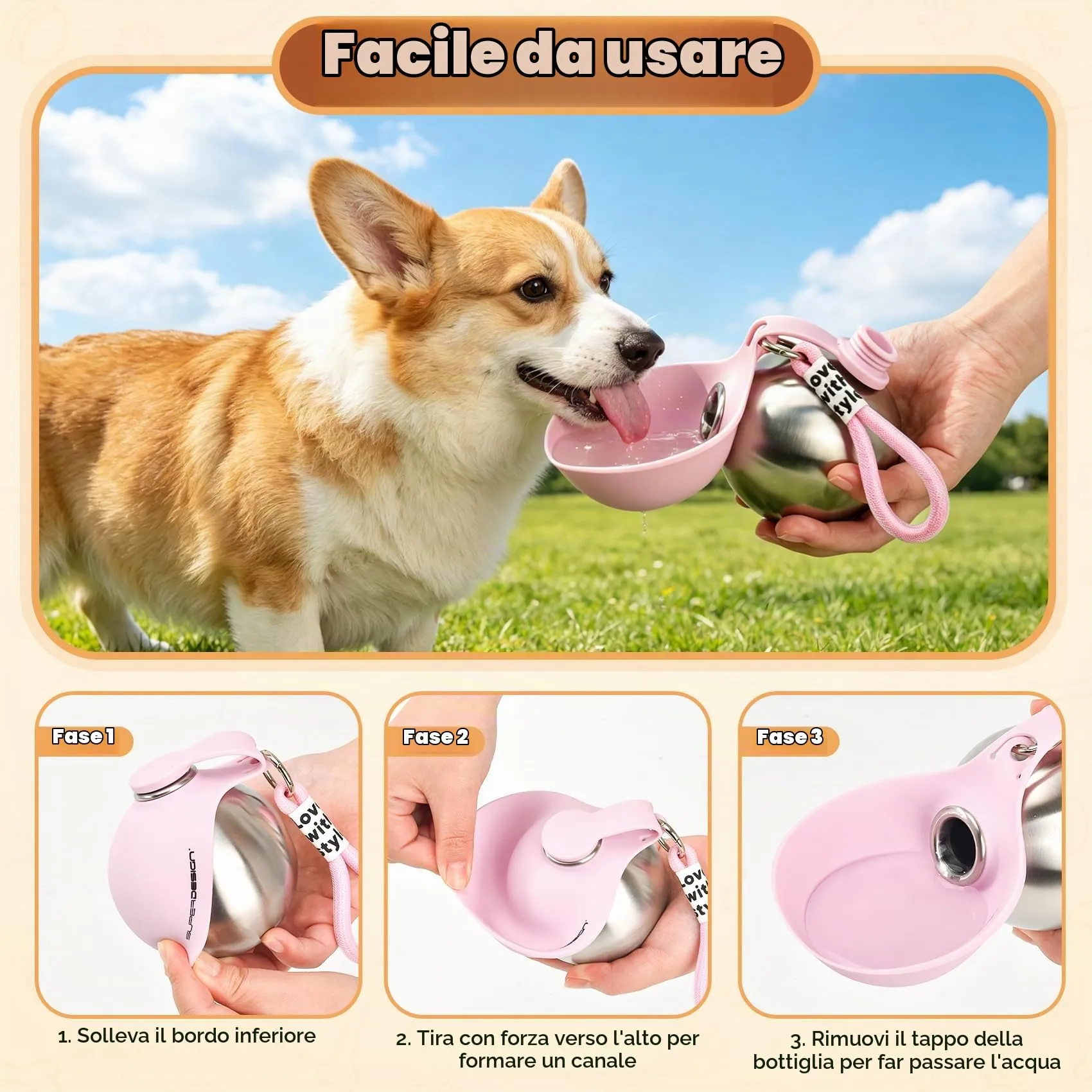 LTFIOON Borraccia per Cani Portatile, 285ml Bottiglia in Acciaio Inox per Cani, Borraccia Anti-perdite con Ciotola Pieghevole in Silicone, Borraccia da Viaggio per Dog per Passeggiate, Viaggi - immagine 4