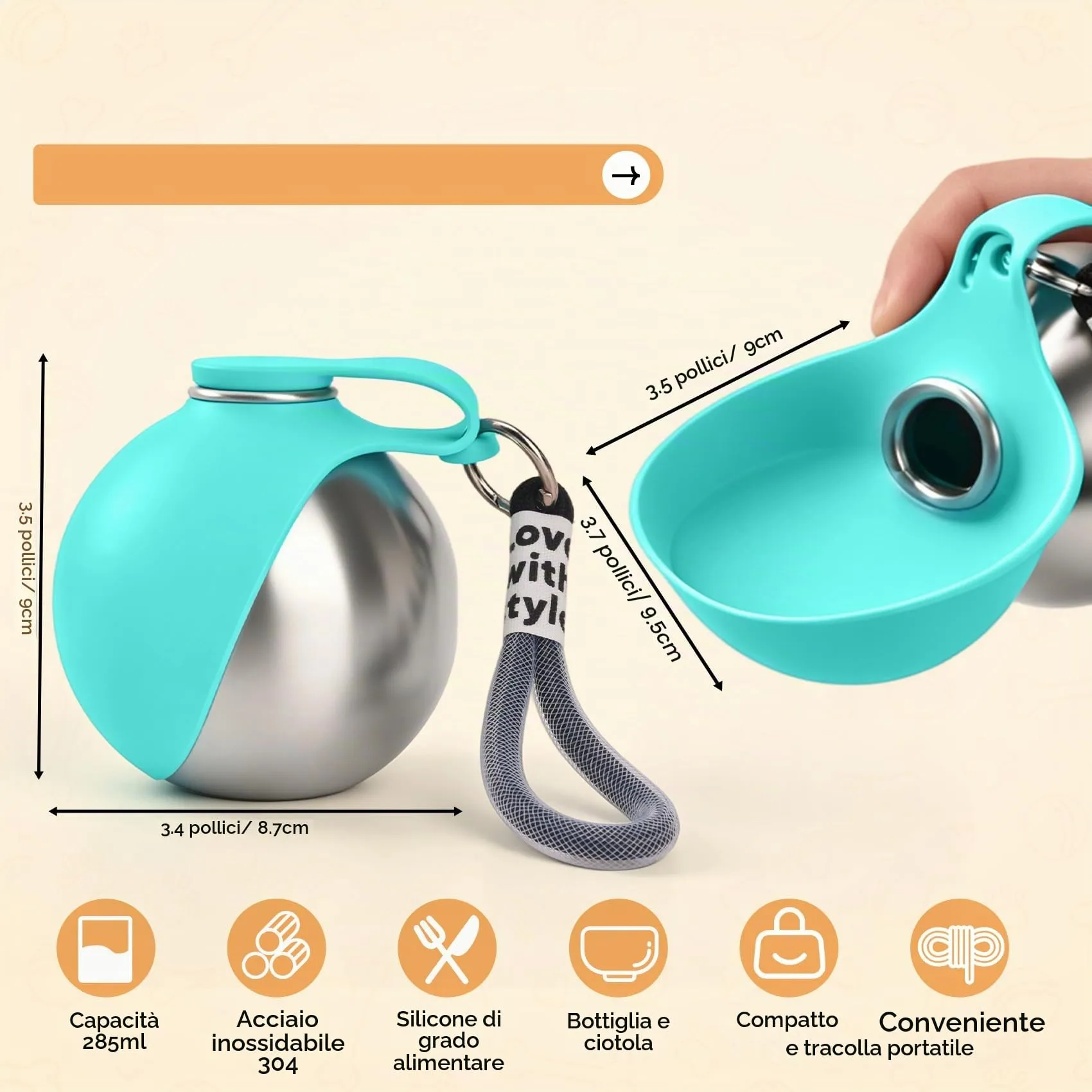 LTFIOON Borraccia per Cani Portatile, 285ml Bottiglia in Acciaio Inox per Cani, Borraccia Anti-perdite con Ciotola Pieghevole in Silicone, Borraccia da Viaggio per Dog per Passeggiate, Viaggi - immagine 2
