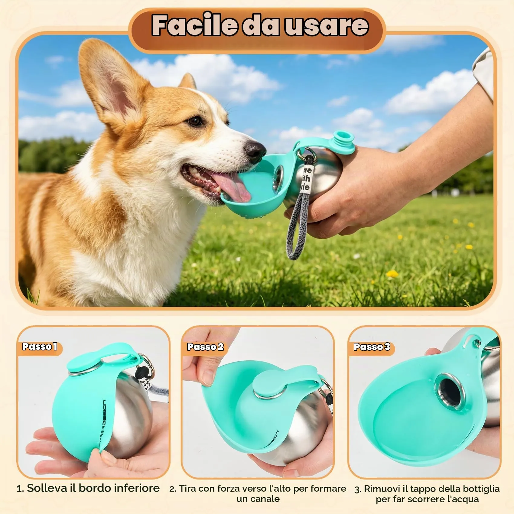 LTFIOON Borraccia per Cani Portatile, 285ml Bottiglia in Acciaio Inox per Cani, Borraccia Anti-perdite con Ciotola Pieghevole in Silicone, Borraccia da Viaggio per Dog per Passeggiate, Viaggi - immagine 4