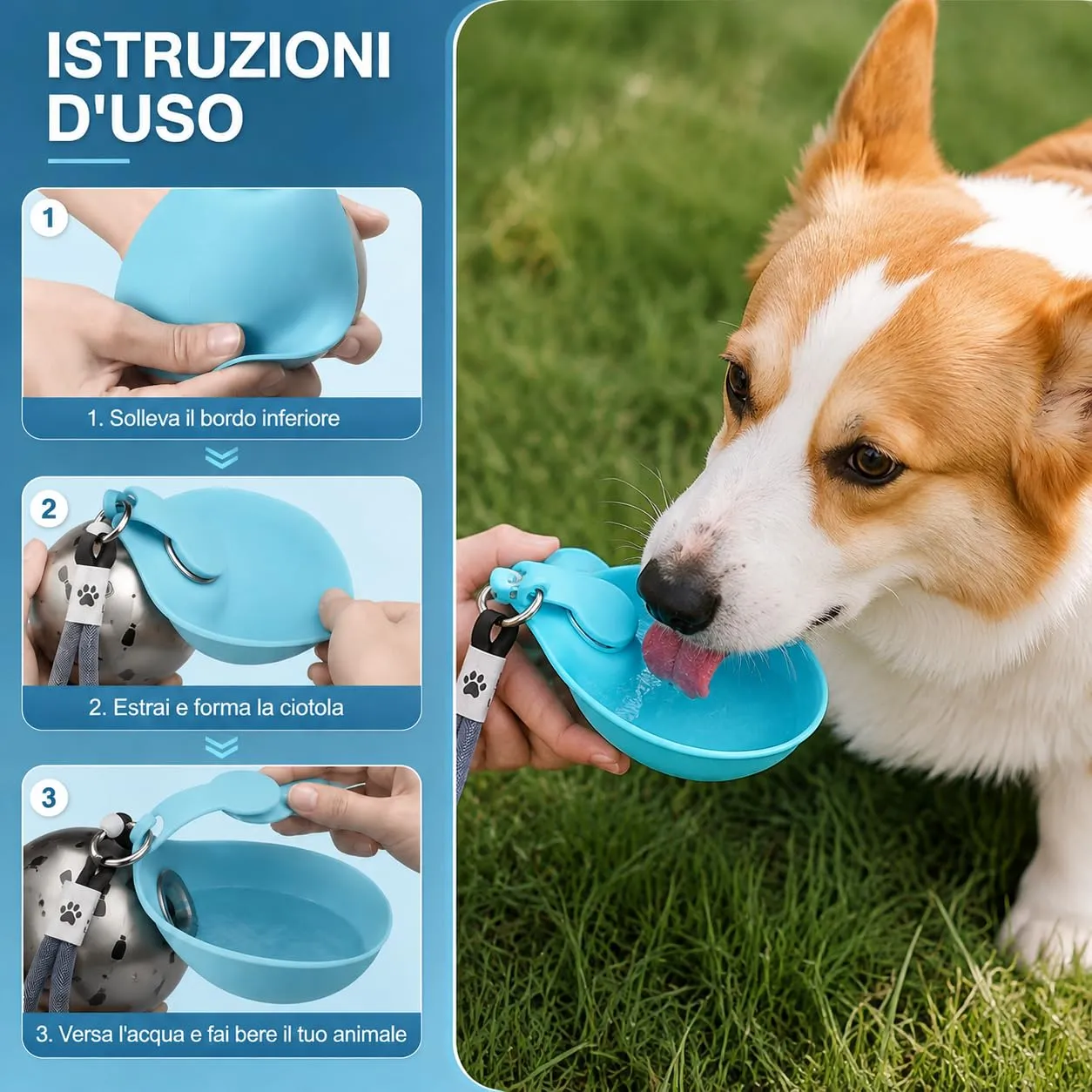 Trywise Borraccia per Cane Portatile - Distributore d'Acqua con Ciotola Pieghevole in Silicone, Anti-Goccia, 285 ml - Ideale per Passeggiate, Viaggi e Escursioni per Cani e Gatti (blu) - immagine 4