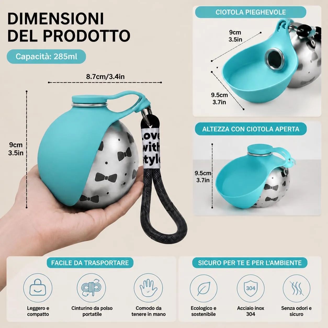 Trywise Borraccia per Cane Portatile - Distributore d'Acqua con Ciotola Pieghevole in Silicone, Anti-Goccia, 285 ml - Ideale per Passeggiate, Viaggi e Escursioni per Cani e Gatti (blu) - immagine 5