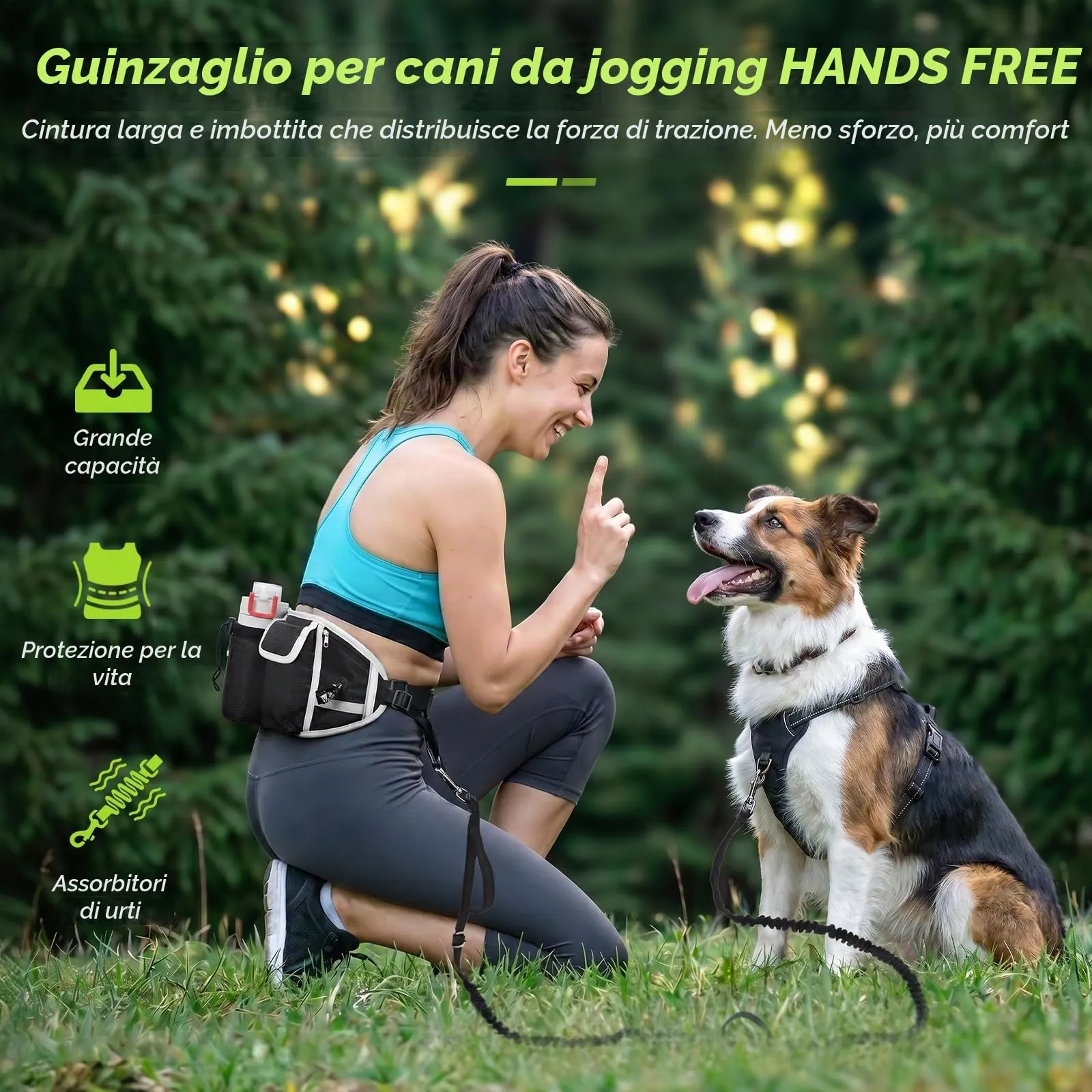 Pecute Guinzaglio per Cani, Guinzaglio Regolabile da Corsa Mani Libere Due Maniglie alle estremità Le Cuciture Sono Riflettenti al Buio Garantisce la Camminata Sicura di Notte,Nero, L - immagine 2