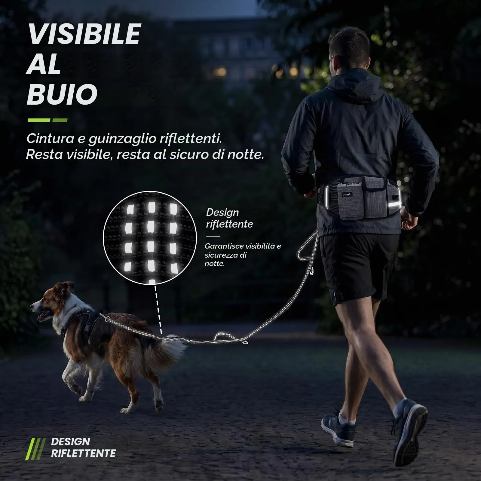 Pecute Guinzaglio per Cani, Guinzaglio Regolabile da Corsa Mani Libere Due Maniglie alle estremità Le Cuciture Sono Riflettenti al Buio Garantisce la Camminata Sicura di Notte,Nero, L - immagine 3