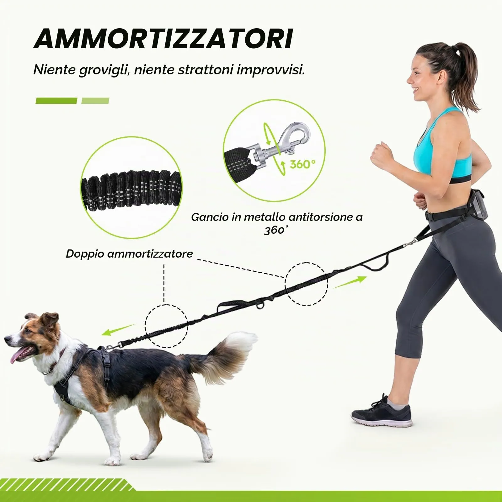 Pecute Guinzaglio per Cani, Guinzaglio Regolabile da Corsa Mani Libere Due Maniglie alle estremità Le Cuciture Sono Riflettenti al Buio Garantisce la Camminata Sicura di Notte,Nero, L - immagine 7