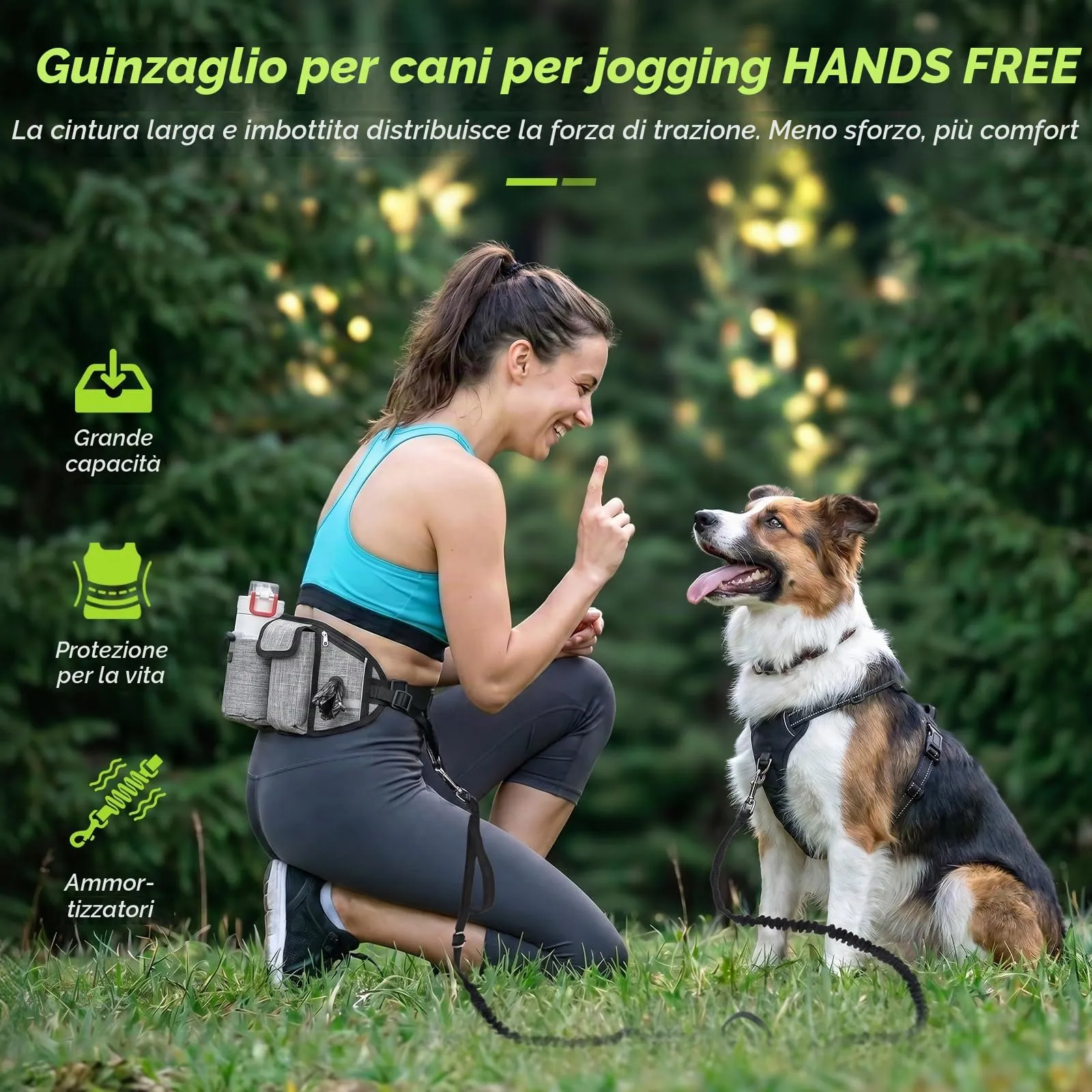 Pecute Guinzaglio per Cani, Guinzaglio Regolabile da Corsa Mani Libere Due Maniglie alle estremità Le Cuciture Sono Riflettenti al Buio Garantisce la Camminata Sicura di Notte, L - immagine 2