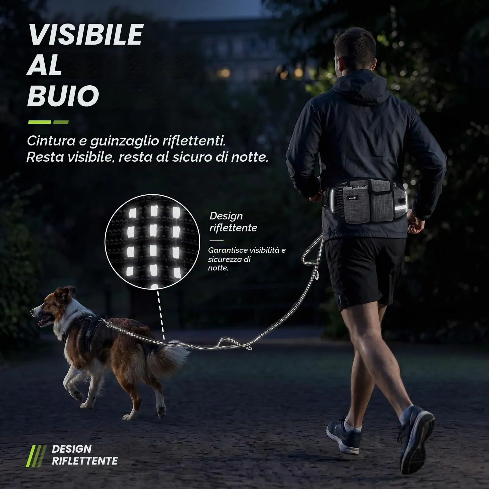 Pecute Guinzaglio per Cani, Guinzaglio Regolabile da Corsa Mani Libere Due Maniglie alle estremità Le Cuciture Sono Riflettenti al Buio Garantisce la Camminata Sicura di Notte, L - immagine 3