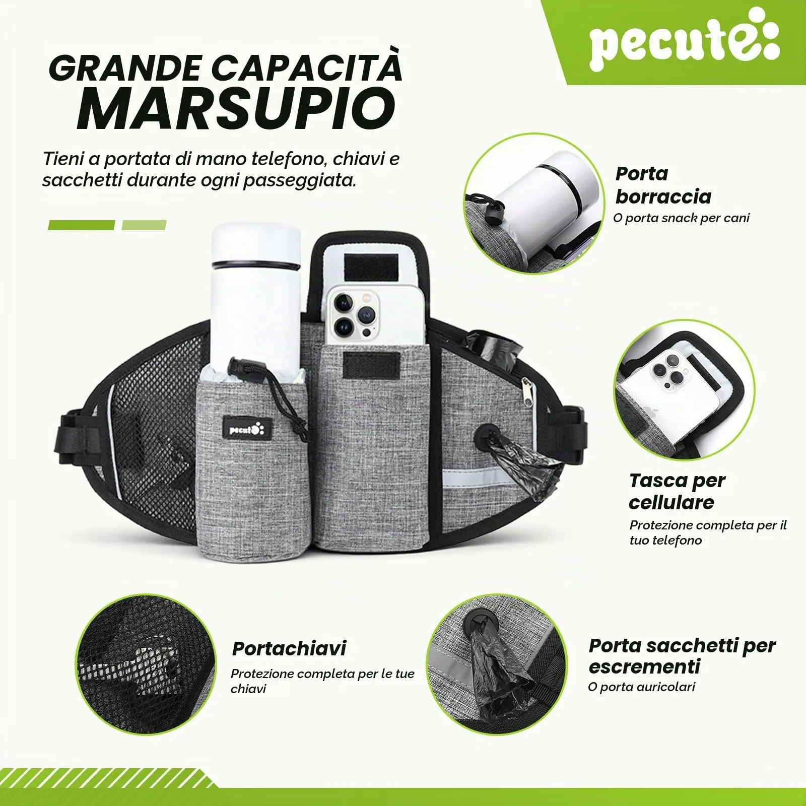 Pecute Guinzaglio per Cani, Guinzaglio Regolabile da Corsa Mani Libere Due Maniglie alle estremità Le Cuciture Sono Riflettenti al Buio Garantisce la Camminata Sicura di Notte, L - immagine 6
