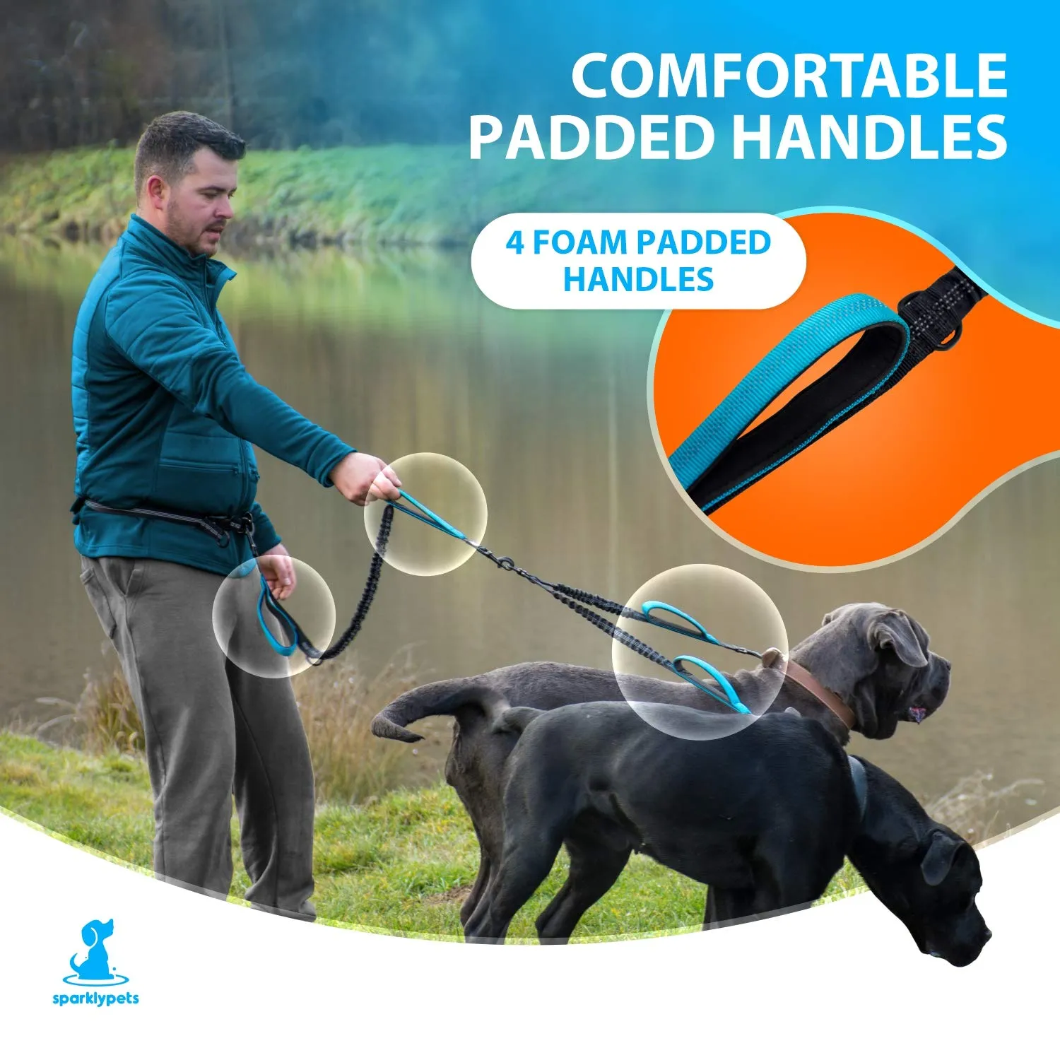 Guinzaglio Doppio Mani Libere per Cani di Taglia Media e Grande - per Correre, Addestrare, Camminare e Fare Jogging (Blu, per 2 Cani) - immagine 4