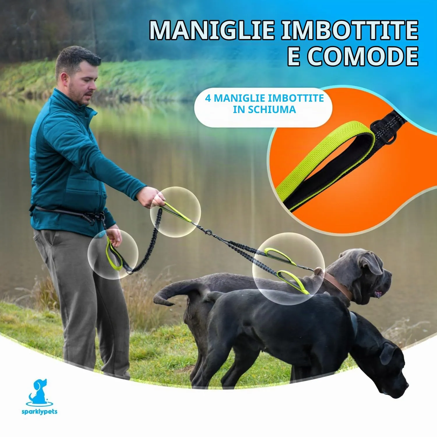 SparklyPets Spaccalegna doppio per cani a mani libere, doppio guinzaglio per cani di taglia media e grande, guinzaglio per 2 cani con manici imbottiti, cuciture riflettenti, non tirano, non si - immagine 4