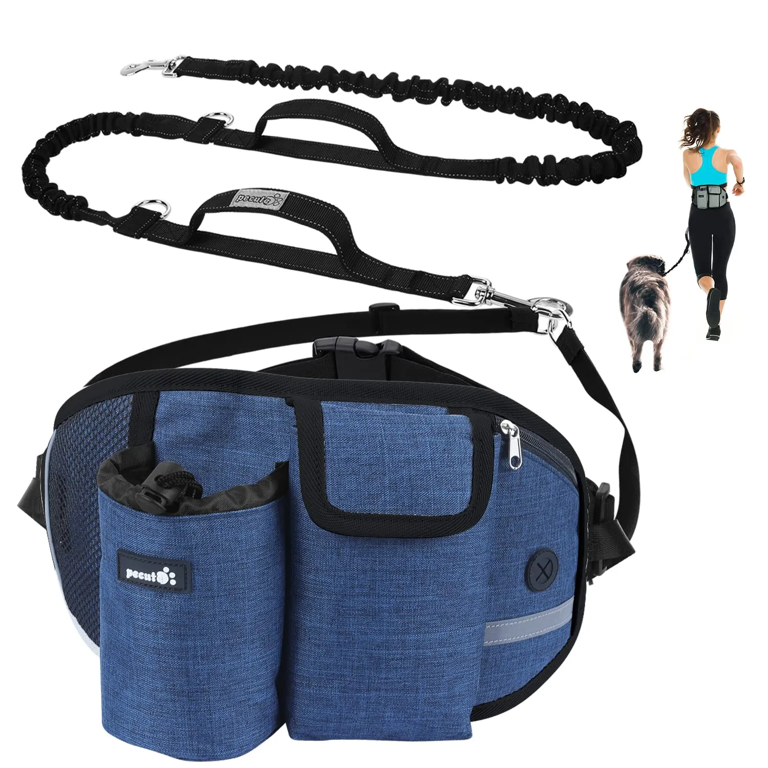 Pecute Guinzaglio per Cani, Guinzaglio Regolabile da Corsa Mani Libere Due Maniglie alle estremità Le Cuciture Sono Riflettenti al Buio Garantisce la Camminata Sicura di Notte,Blu, L - immagine 1