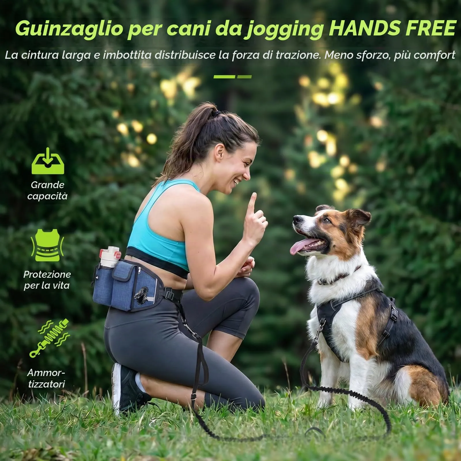 Pecute Guinzaglio per Cani, Guinzaglio Regolabile da Corsa Mani Libere Due Maniglie alle estremità Le Cuciture Sono Riflettenti al Buio Garantisce la Camminata Sicura di Notte,Blu, L - immagine 2