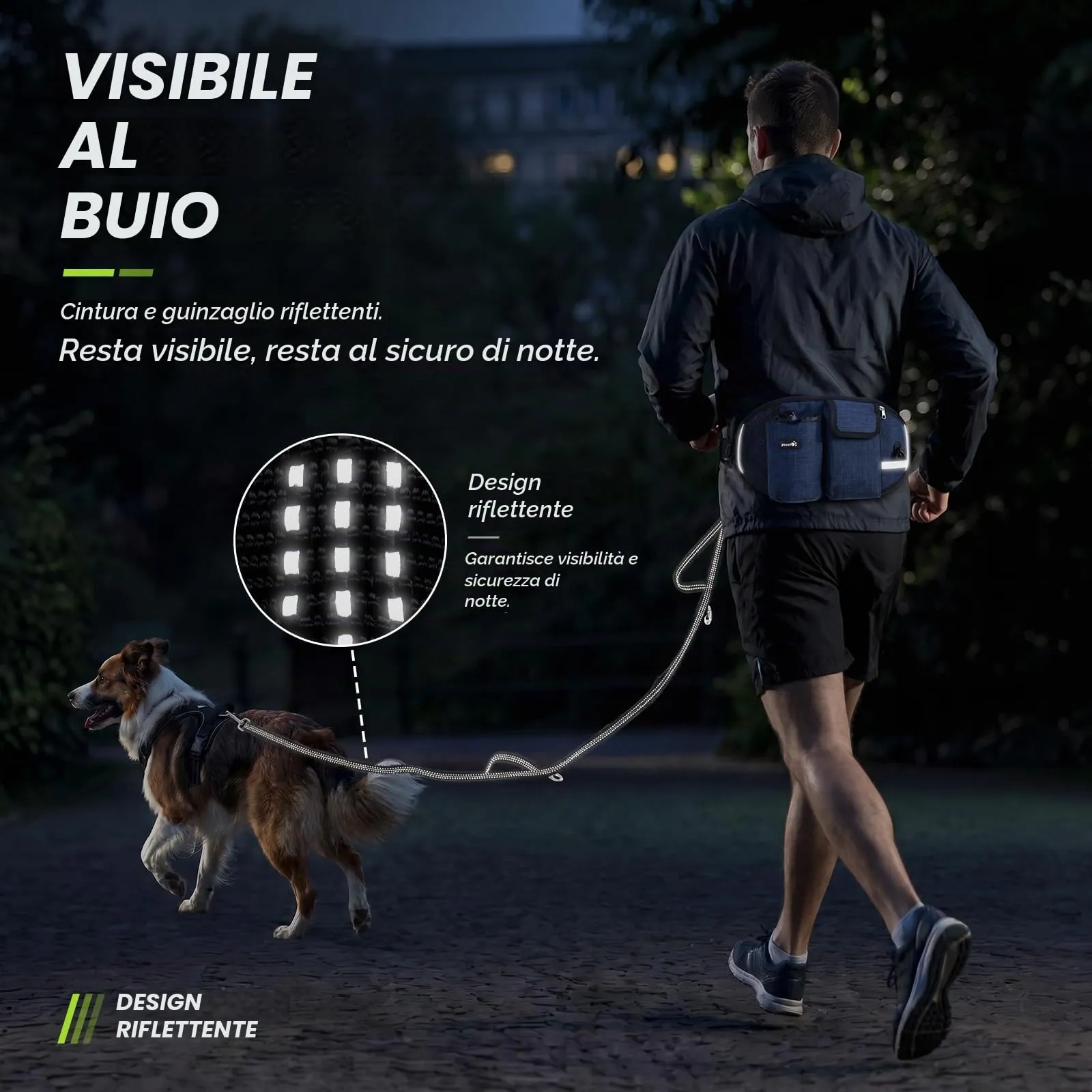 Pecute Guinzaglio per Cani, Guinzaglio Regolabile da Corsa Mani Libere Due Maniglie alle estremità Le Cuciture Sono Riflettenti al Buio Garantisce la Camminata Sicura di Notte,Blu, L - immagine 3