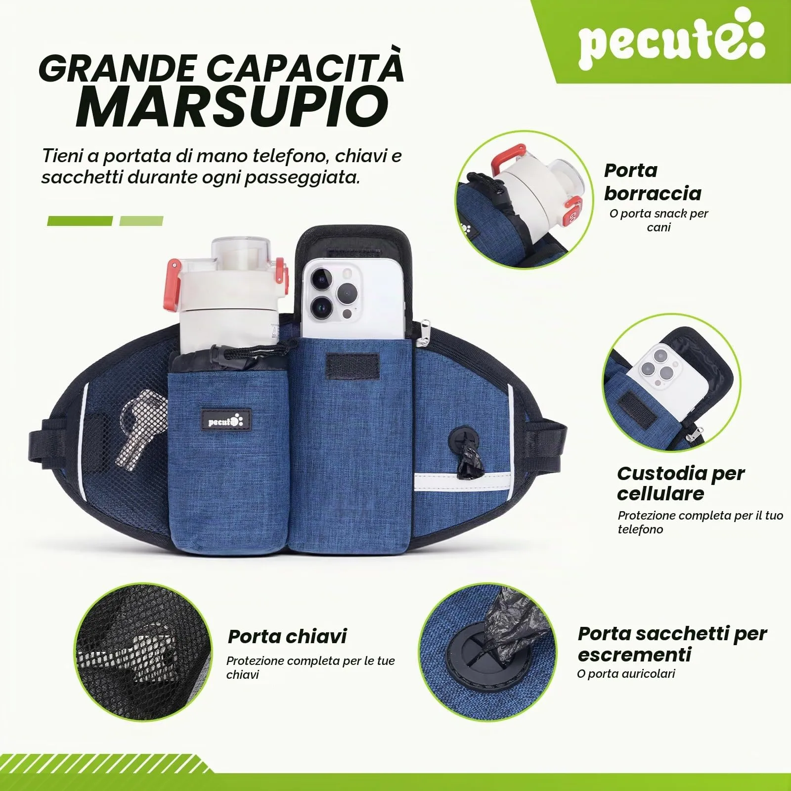 Pecute Guinzaglio per Cani, Guinzaglio Regolabile da Corsa Mani Libere Due Maniglie alle estremità Le Cuciture Sono Riflettenti al Buio Garantisce la Camminata Sicura di Notte,Blu, L - immagine 6