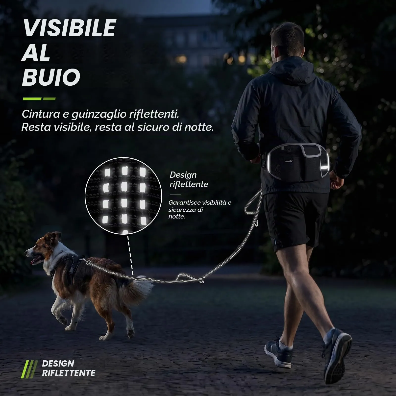 Pecute Guinzaglio per Cani con Marsupio, Guinzaglio Regolabile da Corsa Mani Libere Due Maniglie Alle Estremità Le Cuciture Sono Riflettenti al Buio Garantisce la Camminata Sicura di Notte, M - immagine 3