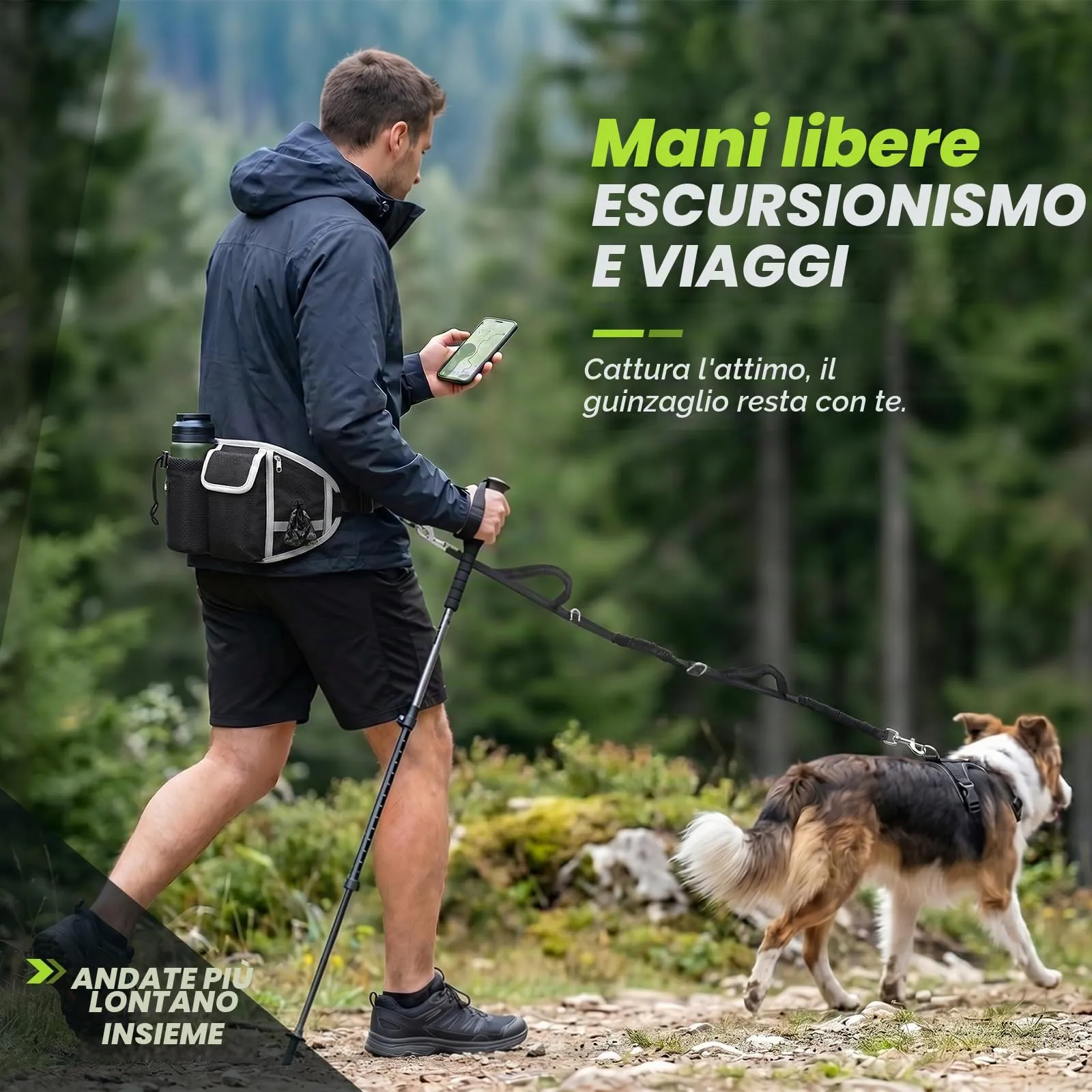 Pecute Guinzaglio per Cani con Marsupio, Guinzaglio Regolabile da Corsa Mani Libere Due Maniglie Alle Estremità Le Cuciture Sono Riflettenti al Buio Garantisce la Camminata Sicura di Notte, M - immagine 4