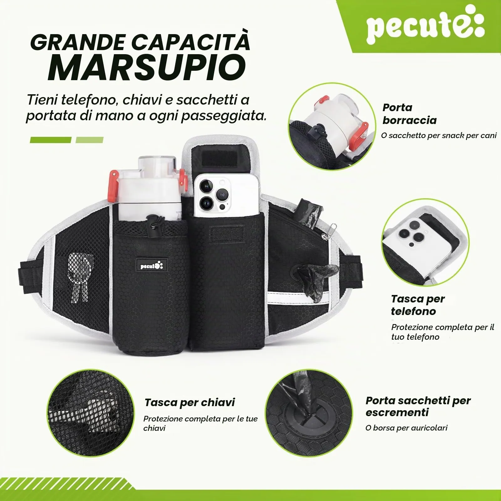 Pecute Guinzaglio per Cani con Marsupio, Guinzaglio Regolabile da Corsa Mani Libere Due Maniglie Alle Estremità Le Cuciture Sono Riflettenti al Buio Garantisce la Camminata Sicura di Notte, M - immagine 6