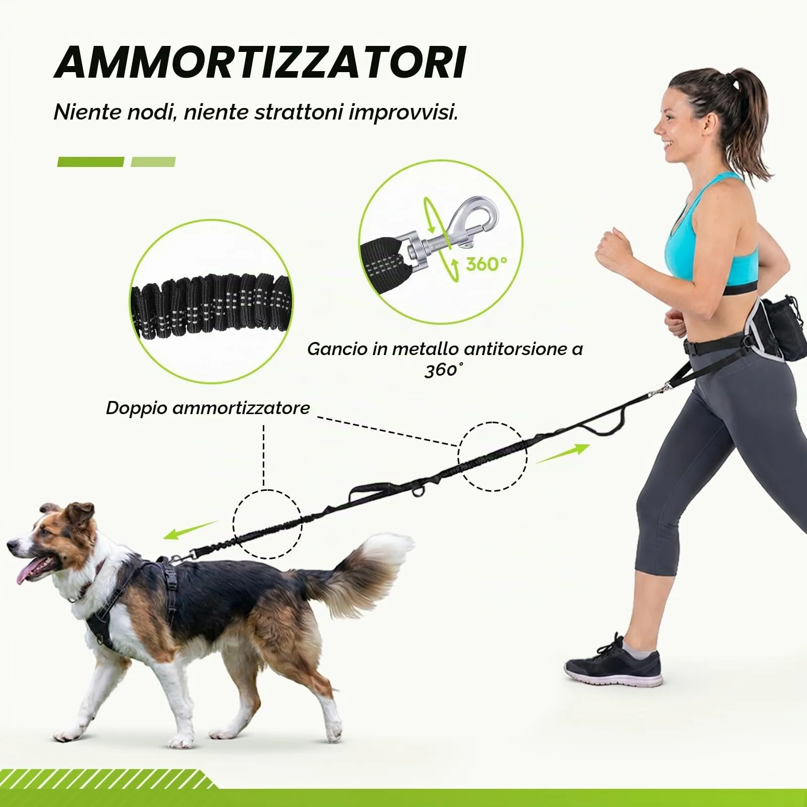 Pecute Guinzaglio per Cani con Marsupio, Guinzaglio Regolabile da Corsa Mani Libere Due Maniglie Alle Estremità Le Cuciture Sono Riflettenti al Buio Garantisce la Camminata Sicura di Notte, M - immagine 7