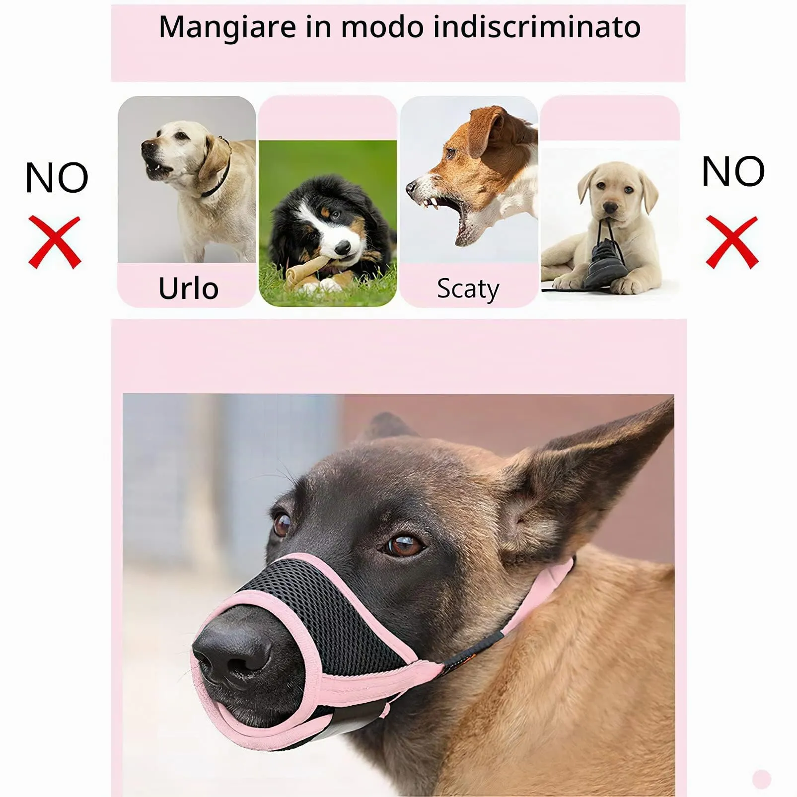 HEELE Museruola Cane Antiabbaio in Morbida Rete Traspirante con Anello Regolabile per Cani di Taglia Piccola, Media e Grande, Antimorso Anti-Masticare Animali Museruola, Rosa, M - immagine 5