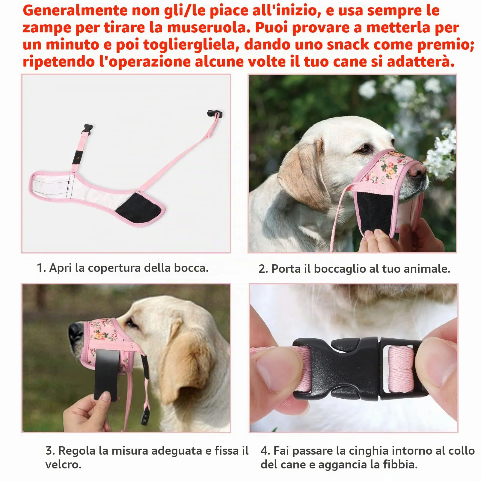 HEELE Museruola per Cane, Museruola Cane Taglia Media e Grande, in Morbido Nylon con Motivo Stampato, Antiabbaio e Antimorso, Regolabile, Fiore Rosa, L - immagine 2